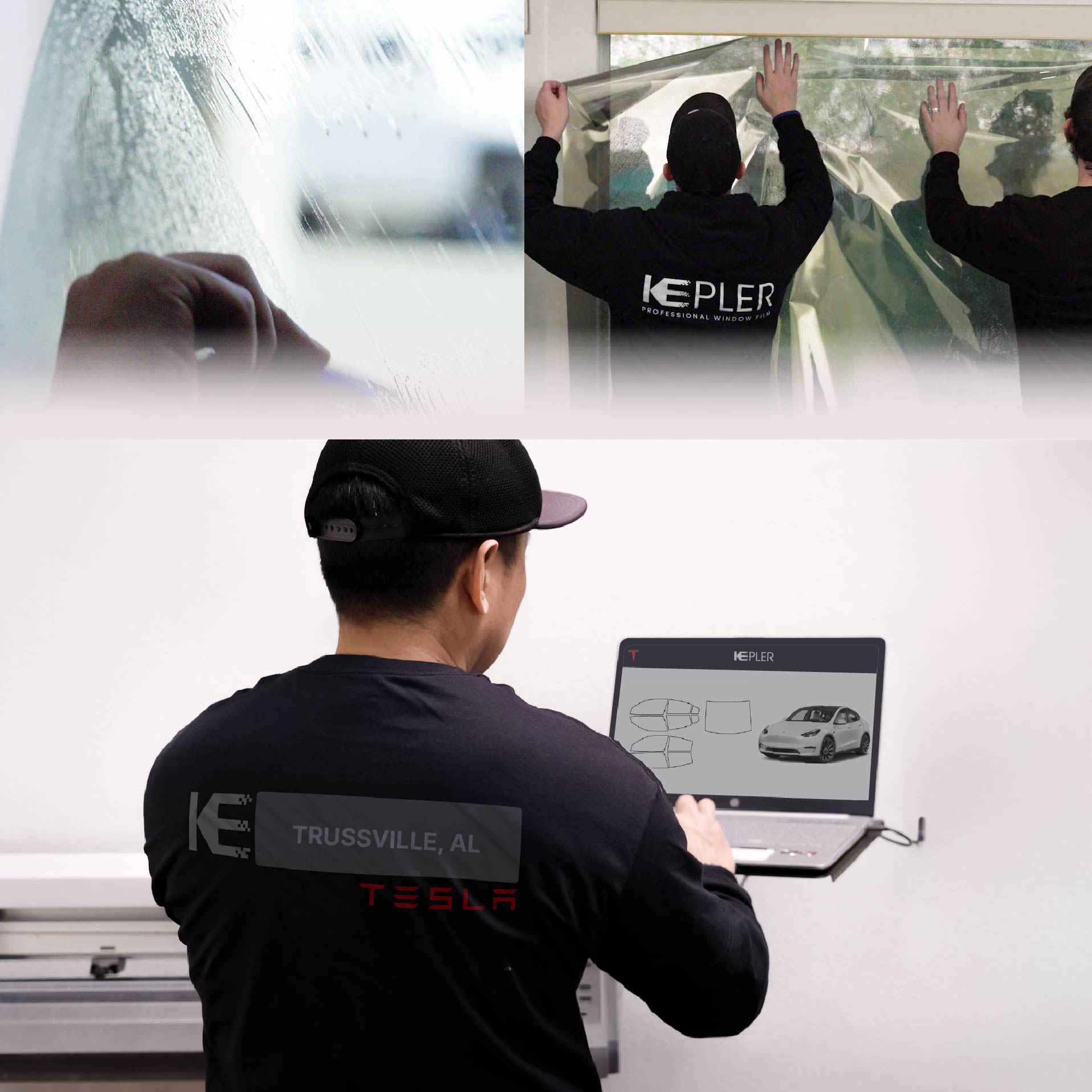 Kepler Technician Installing Ceramic Window Tint to Tesla in Trussville