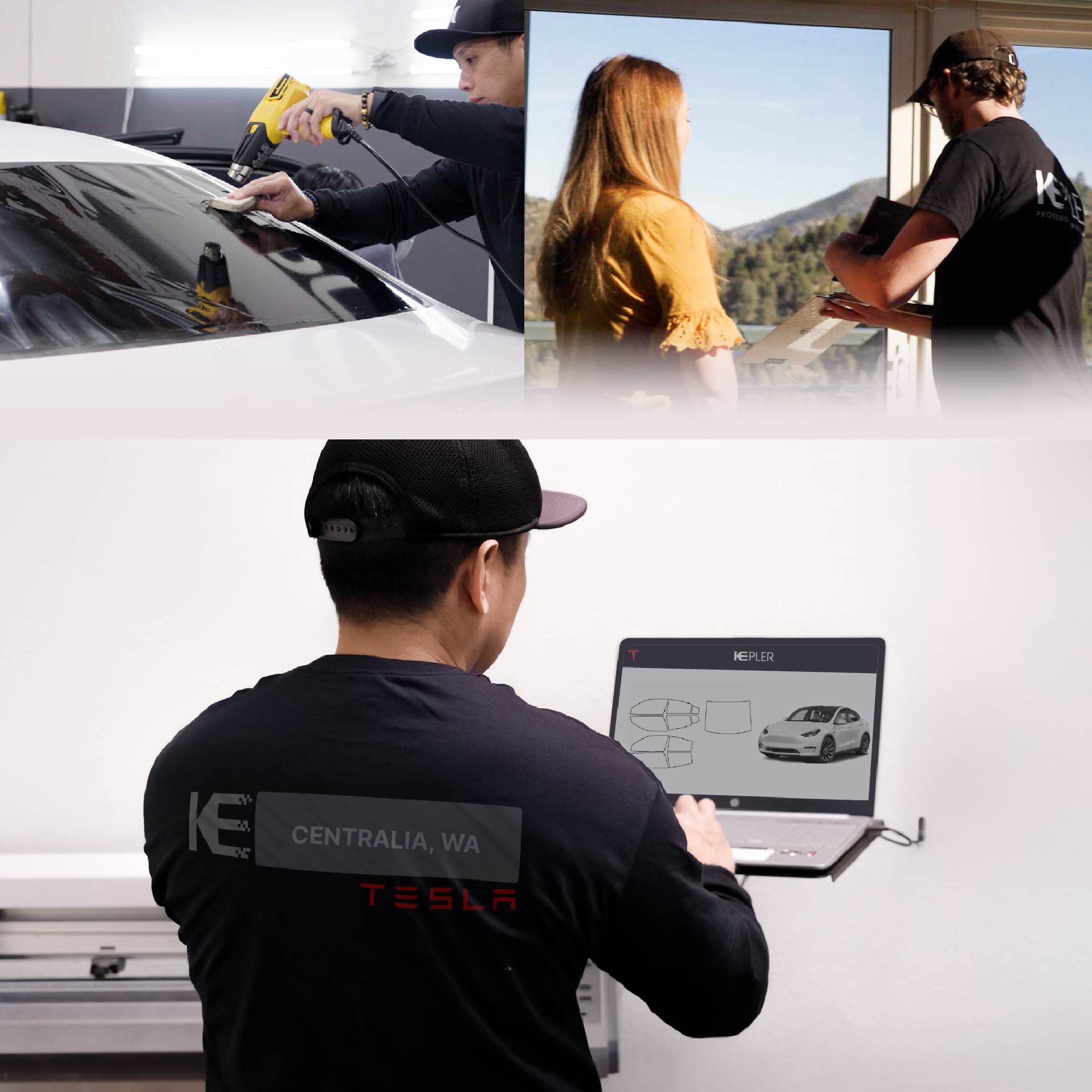 Expert Technician Fitting Ceramic Window Tint to Tesla in Centralia