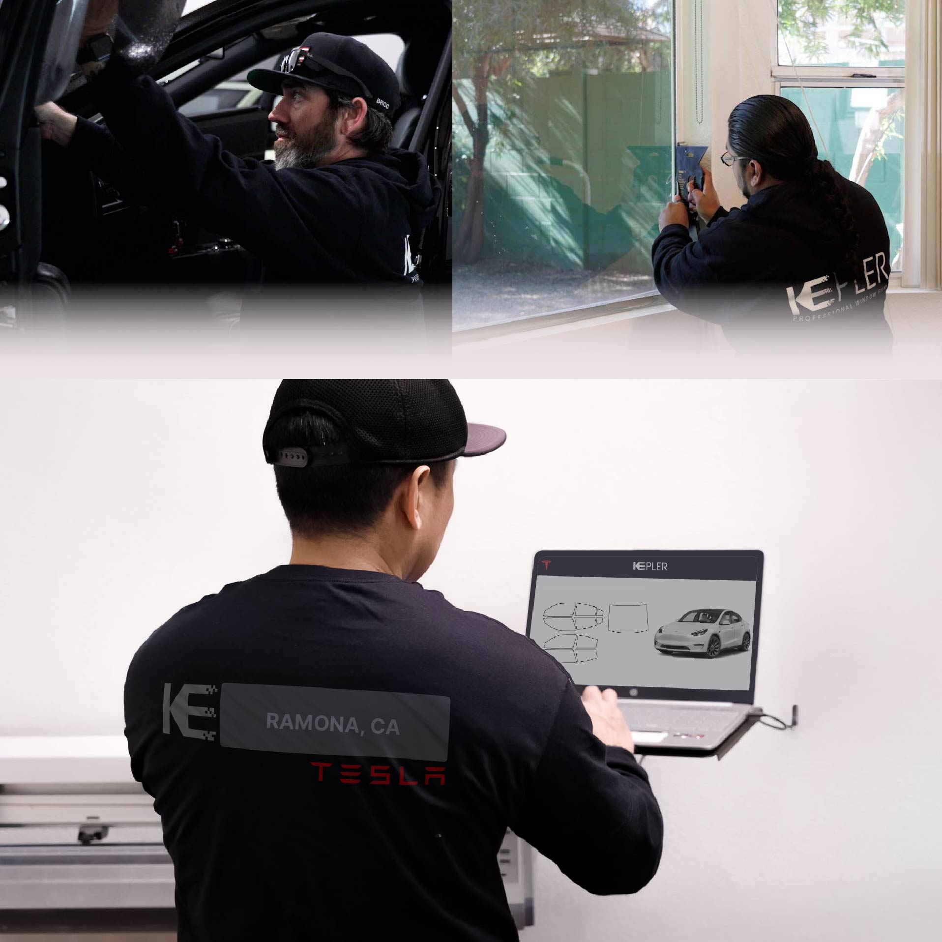 Kepler Technician Installing High-tech Window Tint to Tesla in Ramona