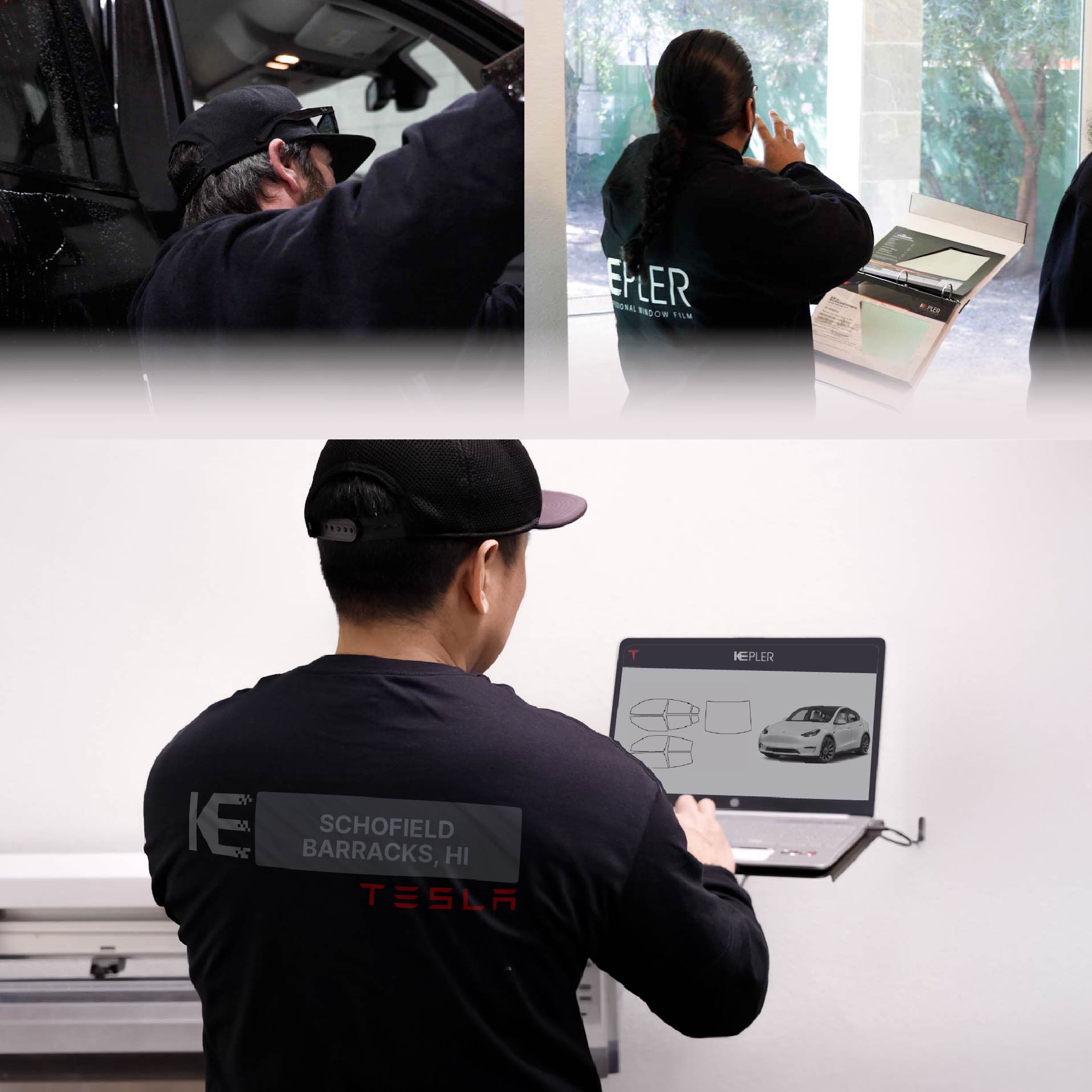 Kepler Technician Fitting High-tech Window Tint to Tesla in Schofield Barracks