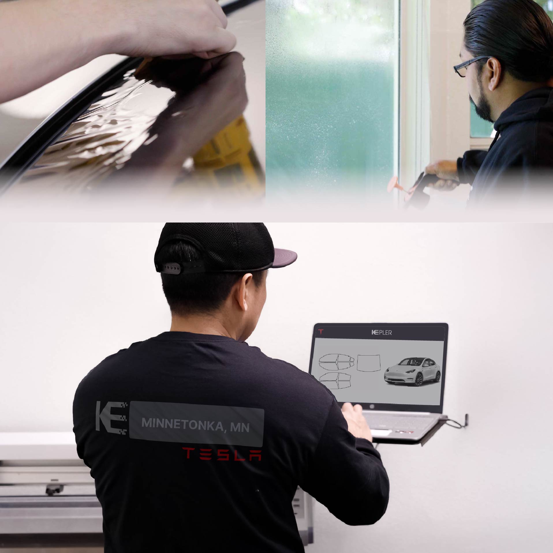 Kepler Technician Fitting Ceramic Window Tint to Tesla in Minnetonka