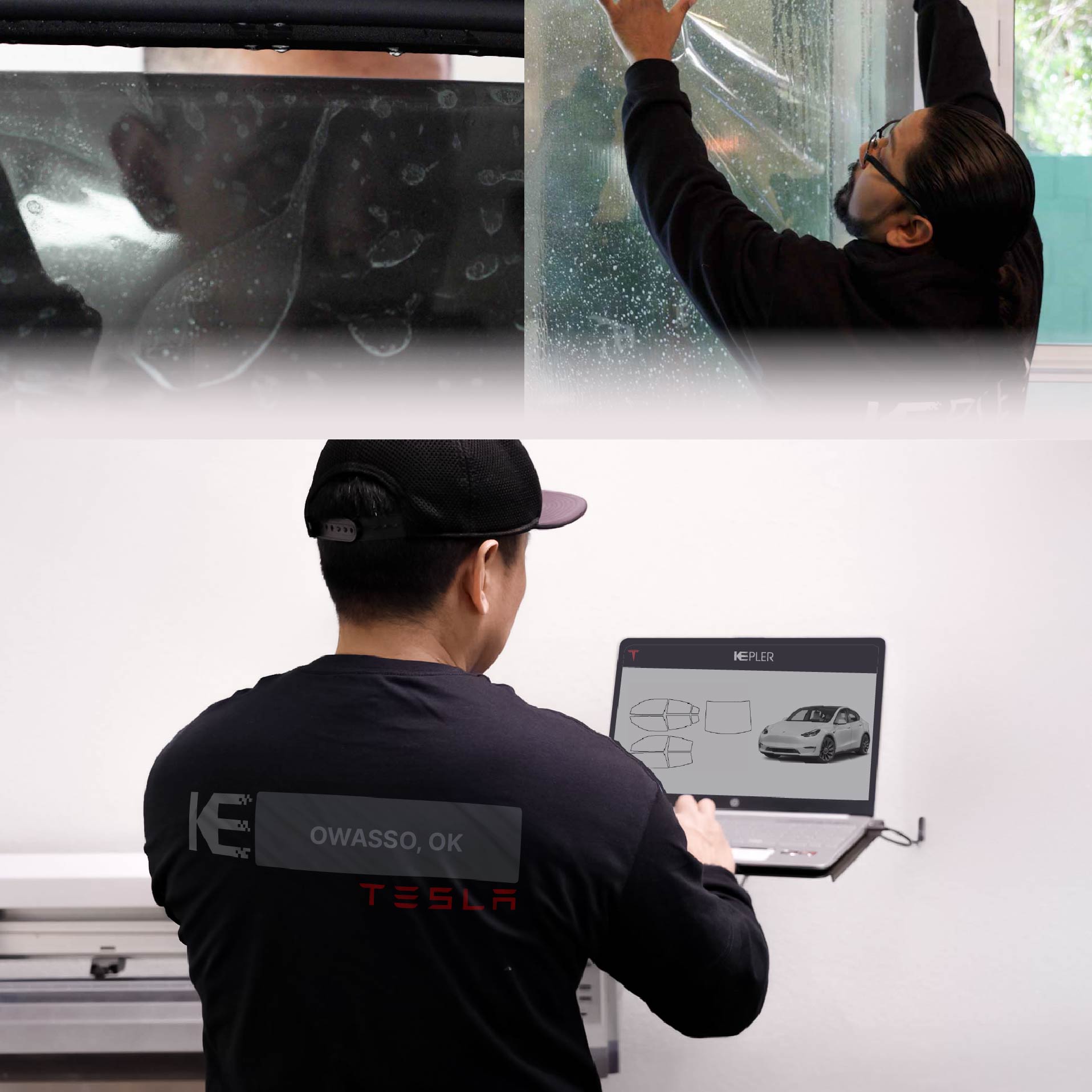 Kepler Technician Fitting High-tech Window Tint to Tesla in Owasso