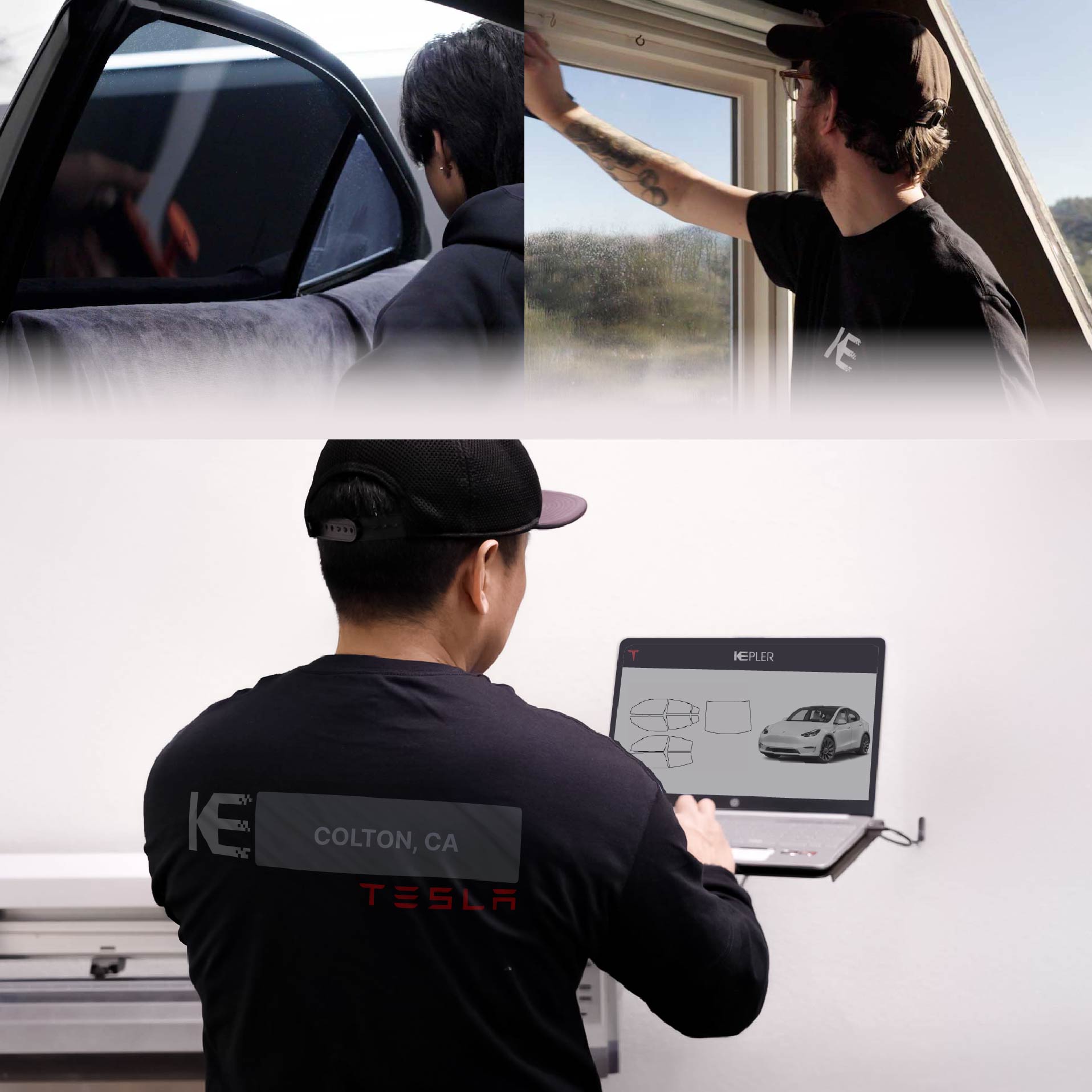 Expert Technician Installing High-tech Window Tint to Tesla in Colton