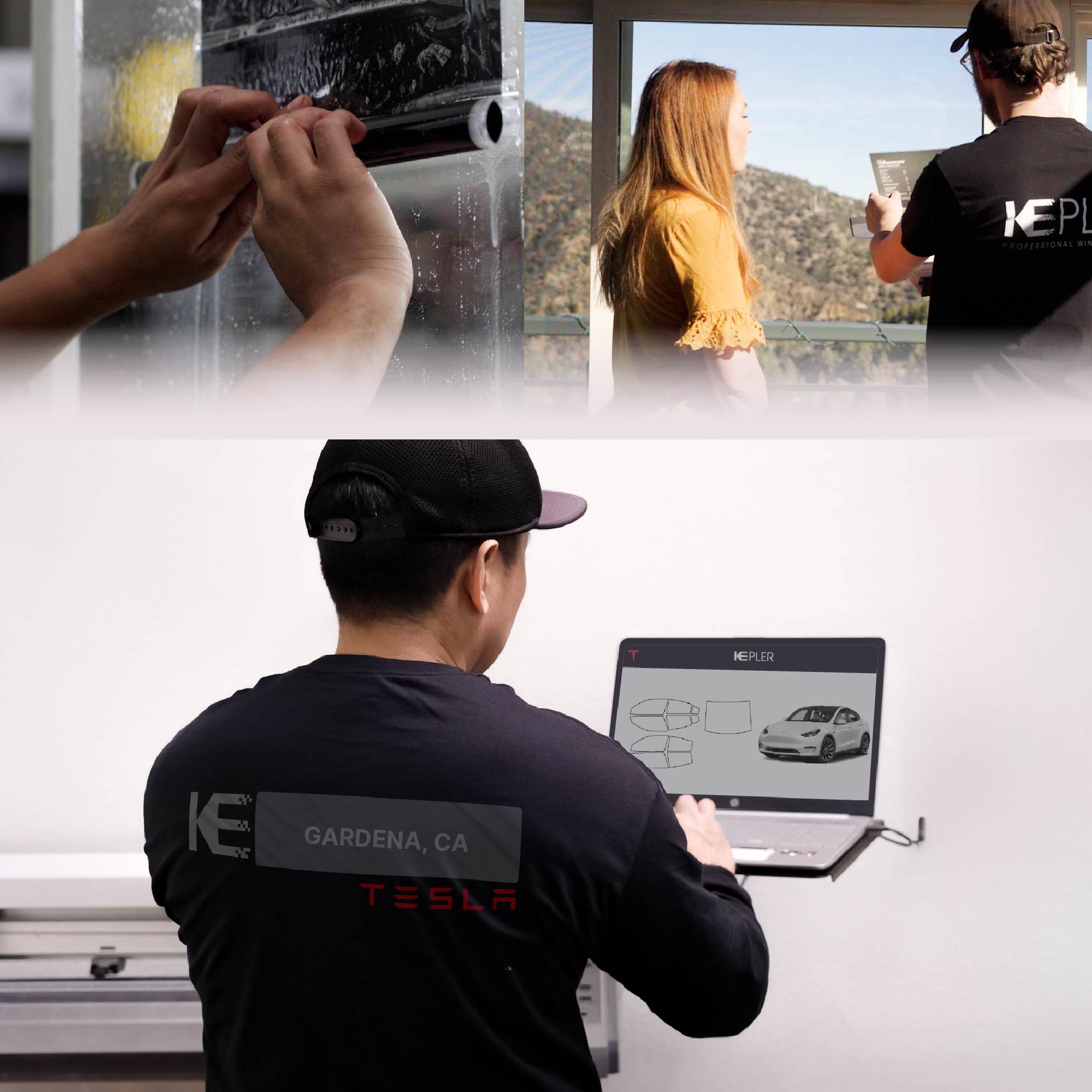 Kepler Technician Installing Advanced Window Tint to Tesla in Gardena