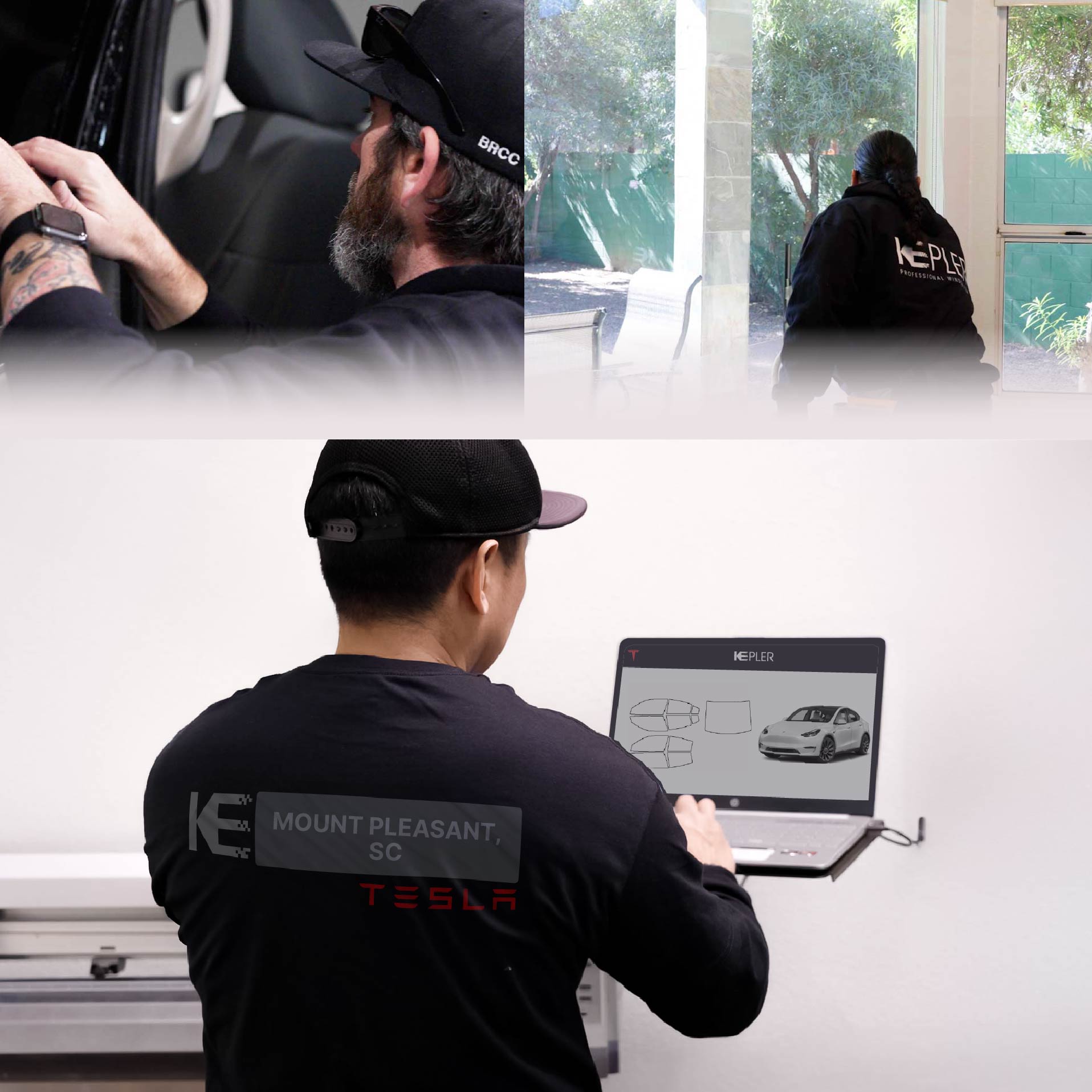 Expert Technician Installing Advanced Window Tint to Tesla in Mount Pleasant