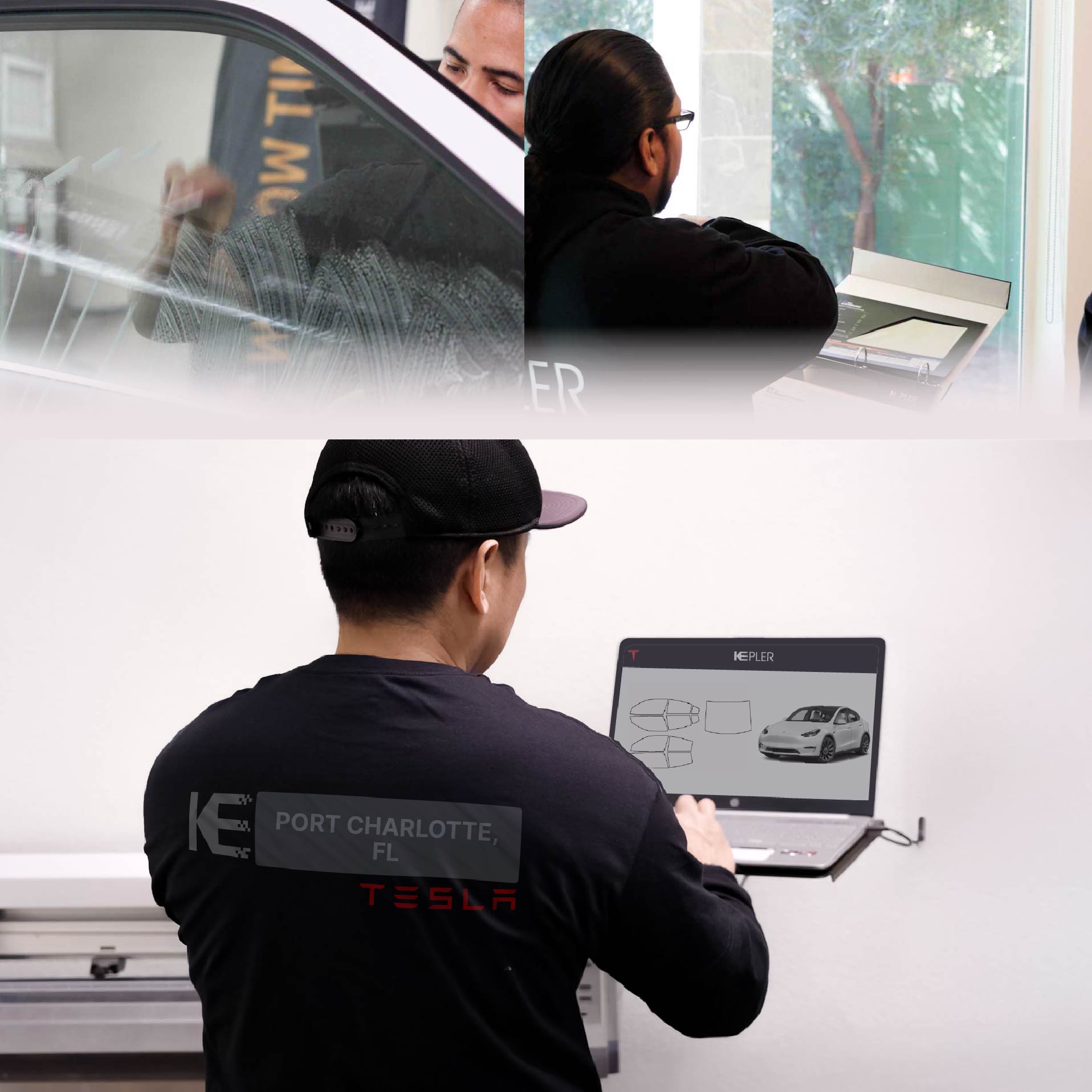 Kepler Technician Applying Advanced Window Tint to Tesla in Port Charlotte