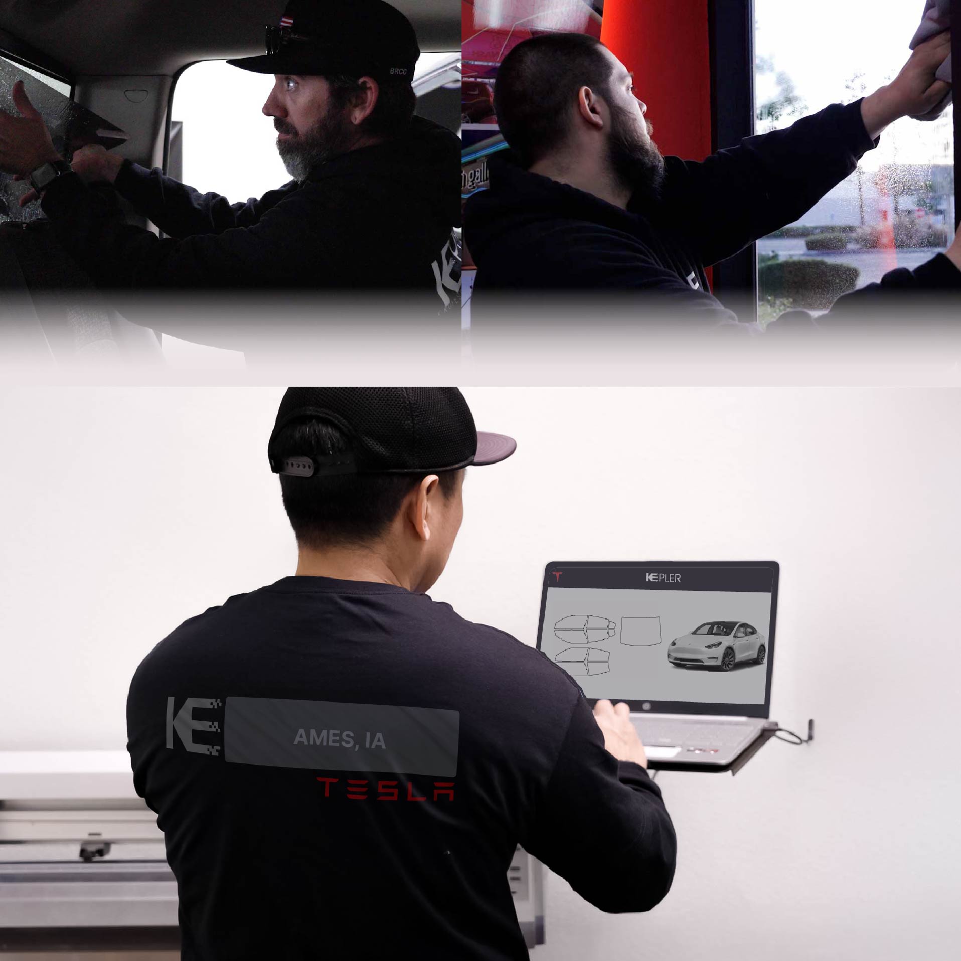 Expert Technician Fitting Ceramic Window Tint to Tesla in Ames