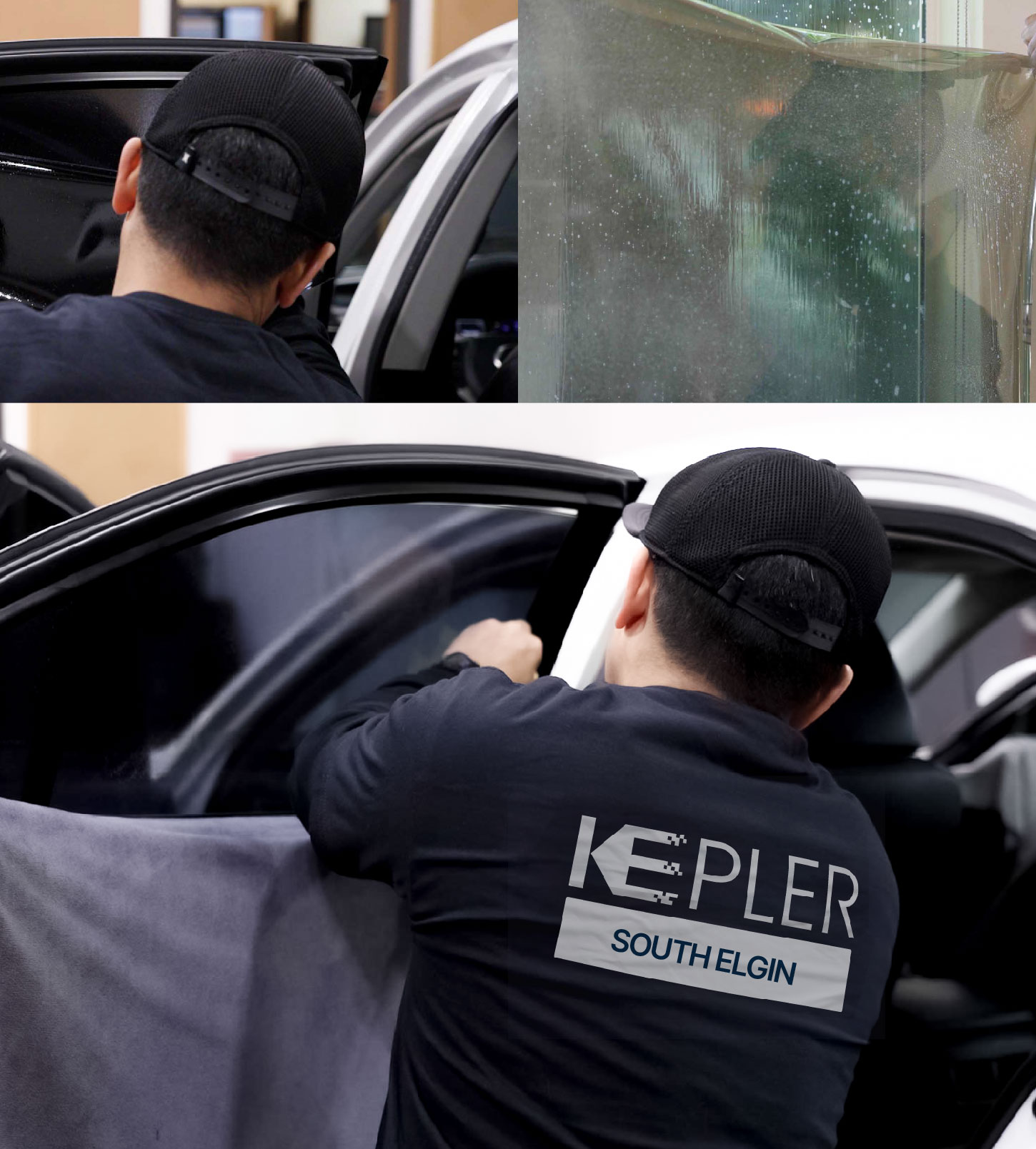 Automotive Window Tinting Expert Applying Film in South Elgin, Illinois