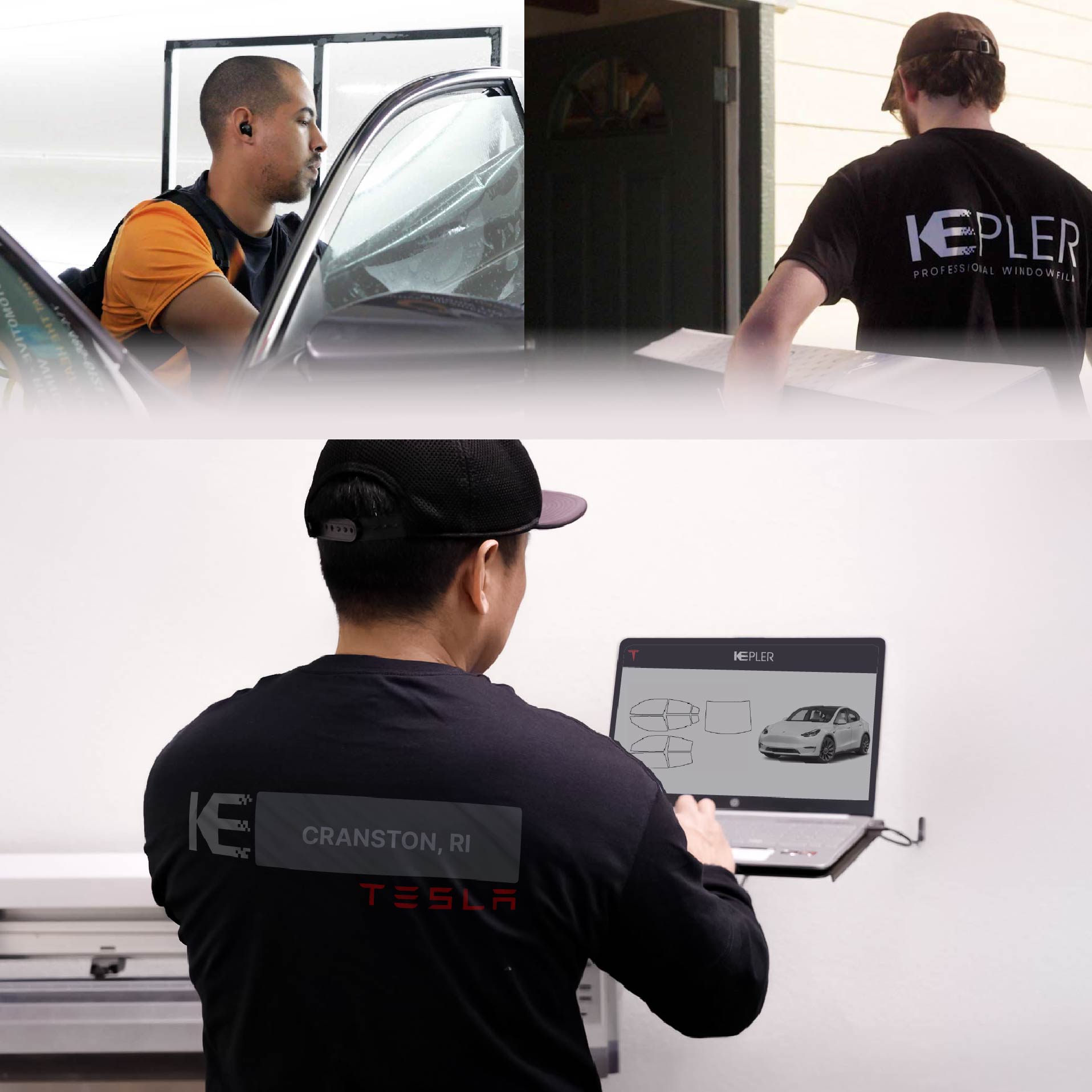 Kepler Technician Installing Ceramic Window Tint to Tesla in Cranston