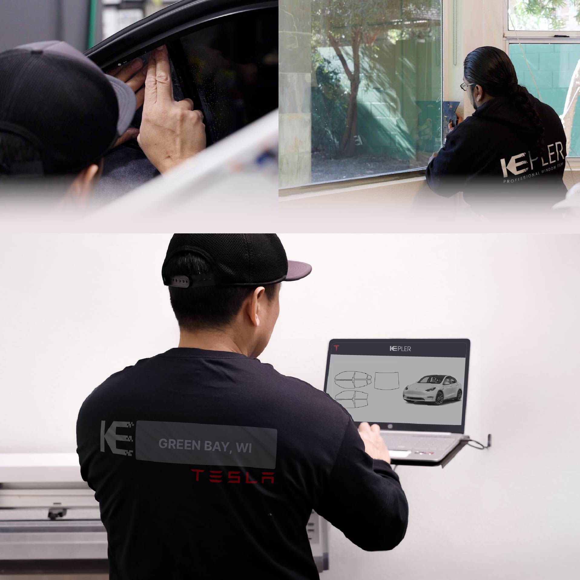 Expert Technician Applying Advanced Window Tint to Tesla in Green Bay
