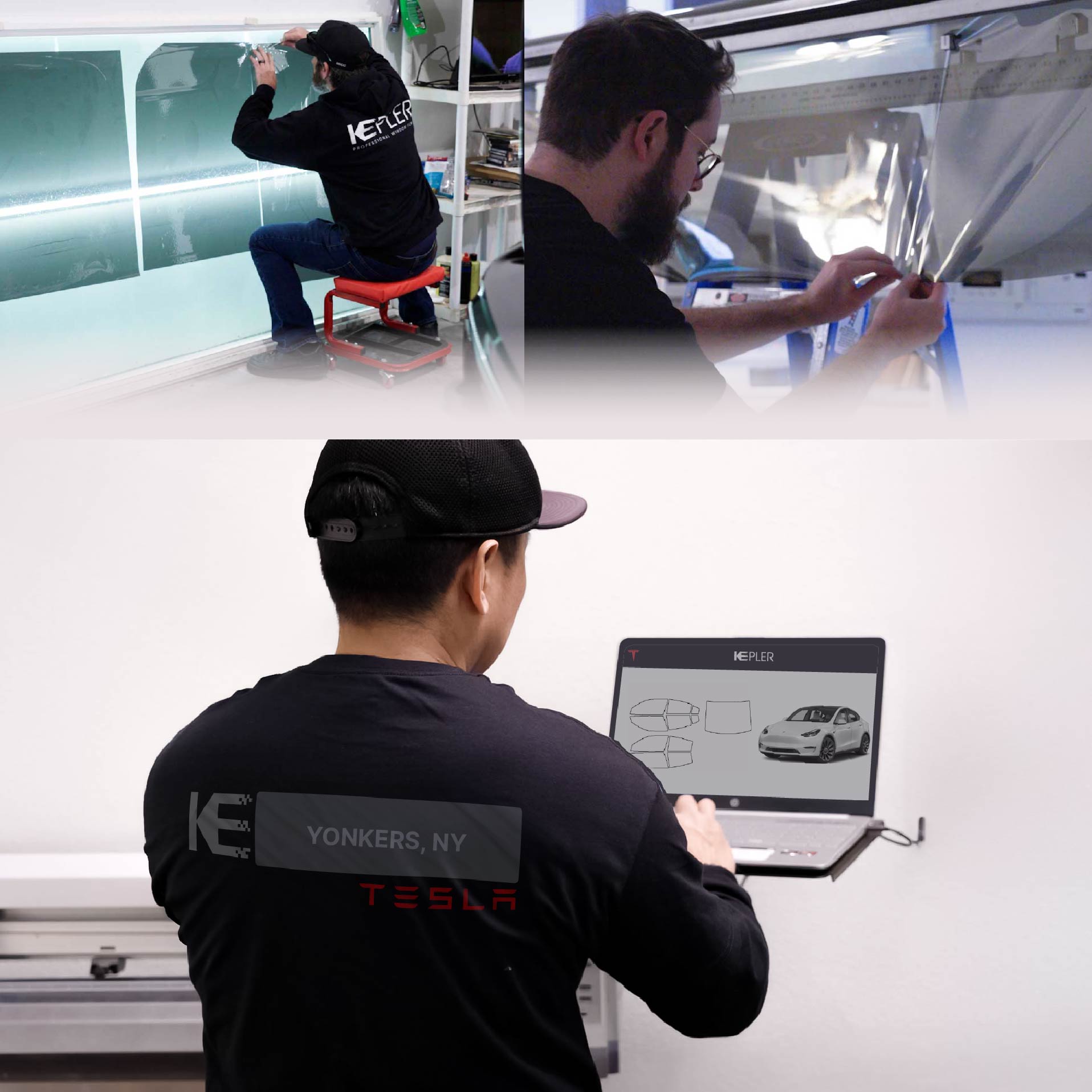Expert Technician Applying High-tech Window Tint to Tesla in Yonkers