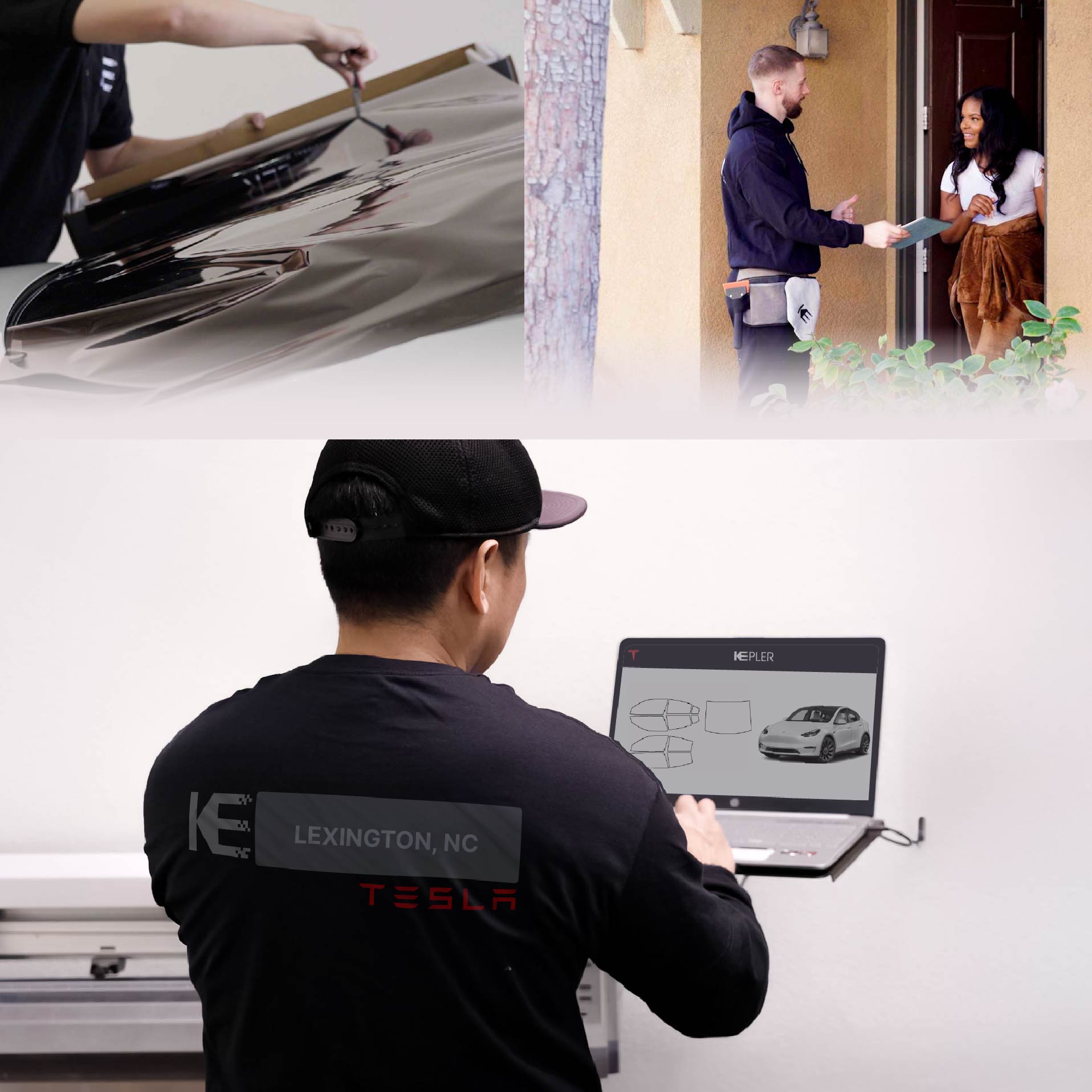 Expert Technician Fitting Advanced Window Tint to Tesla in Lexington