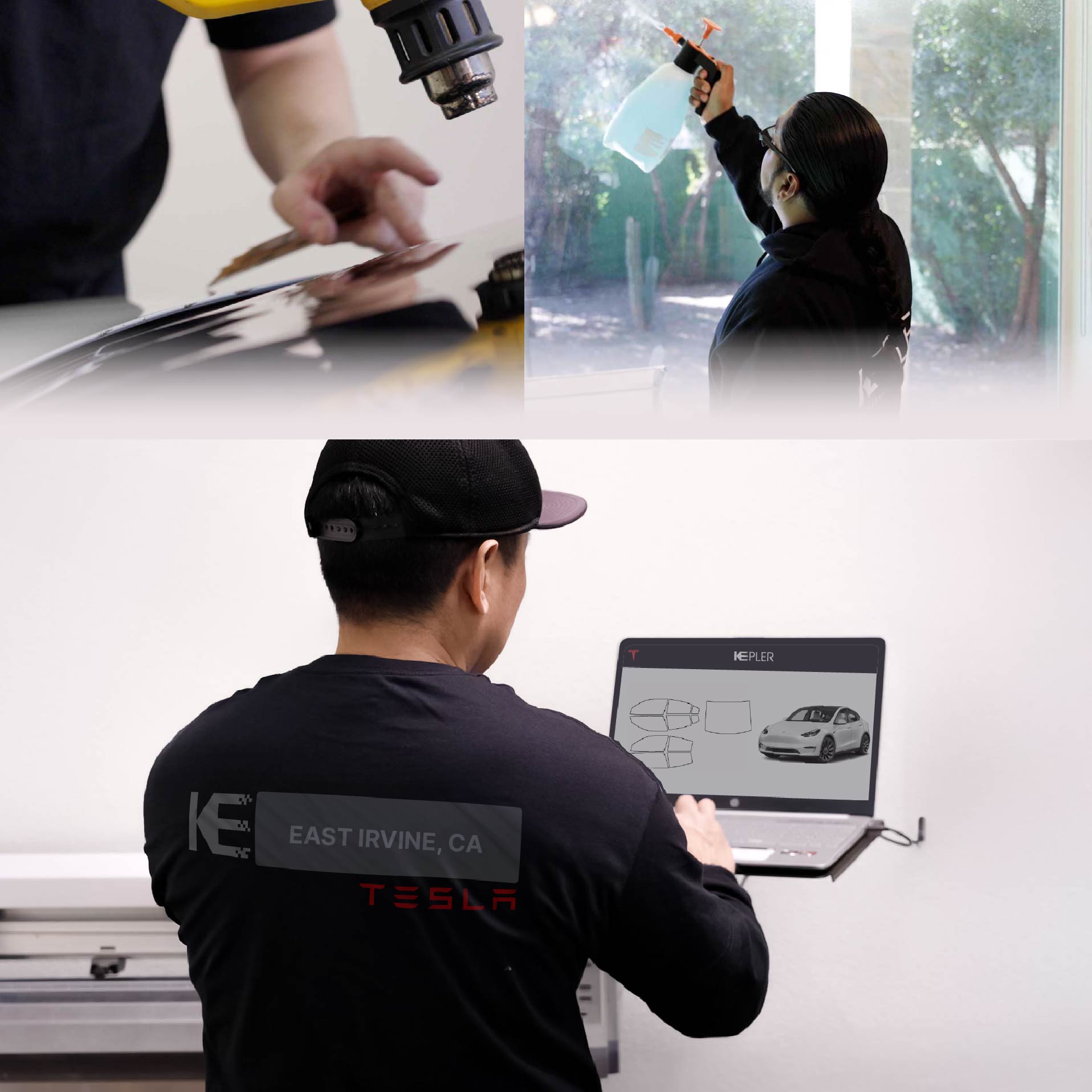Expert Technician Fitting High-tech Window Tint to Tesla in East Irvine