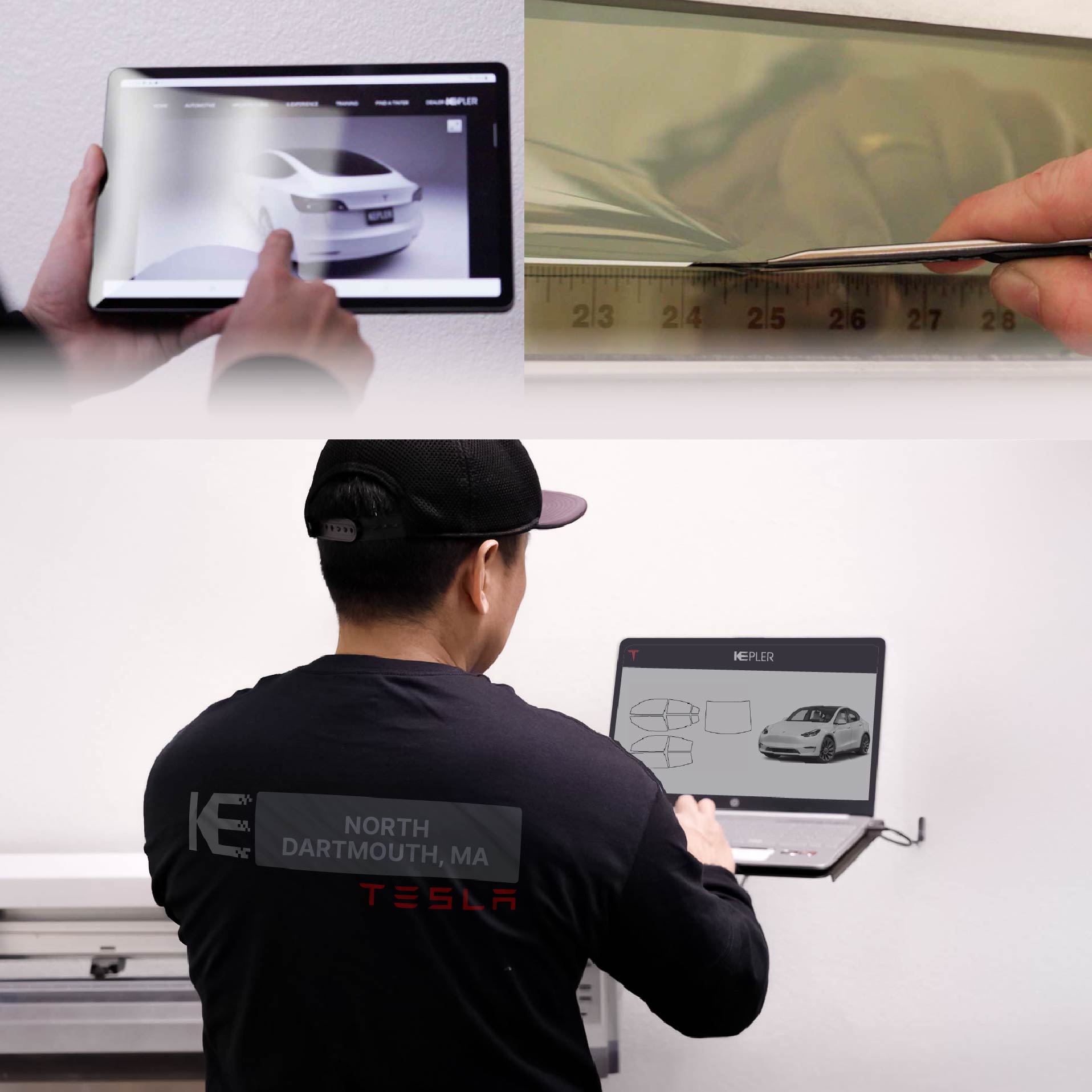 Kepler Technician Applying High-tech Window Tint to Tesla in North Dartmouth