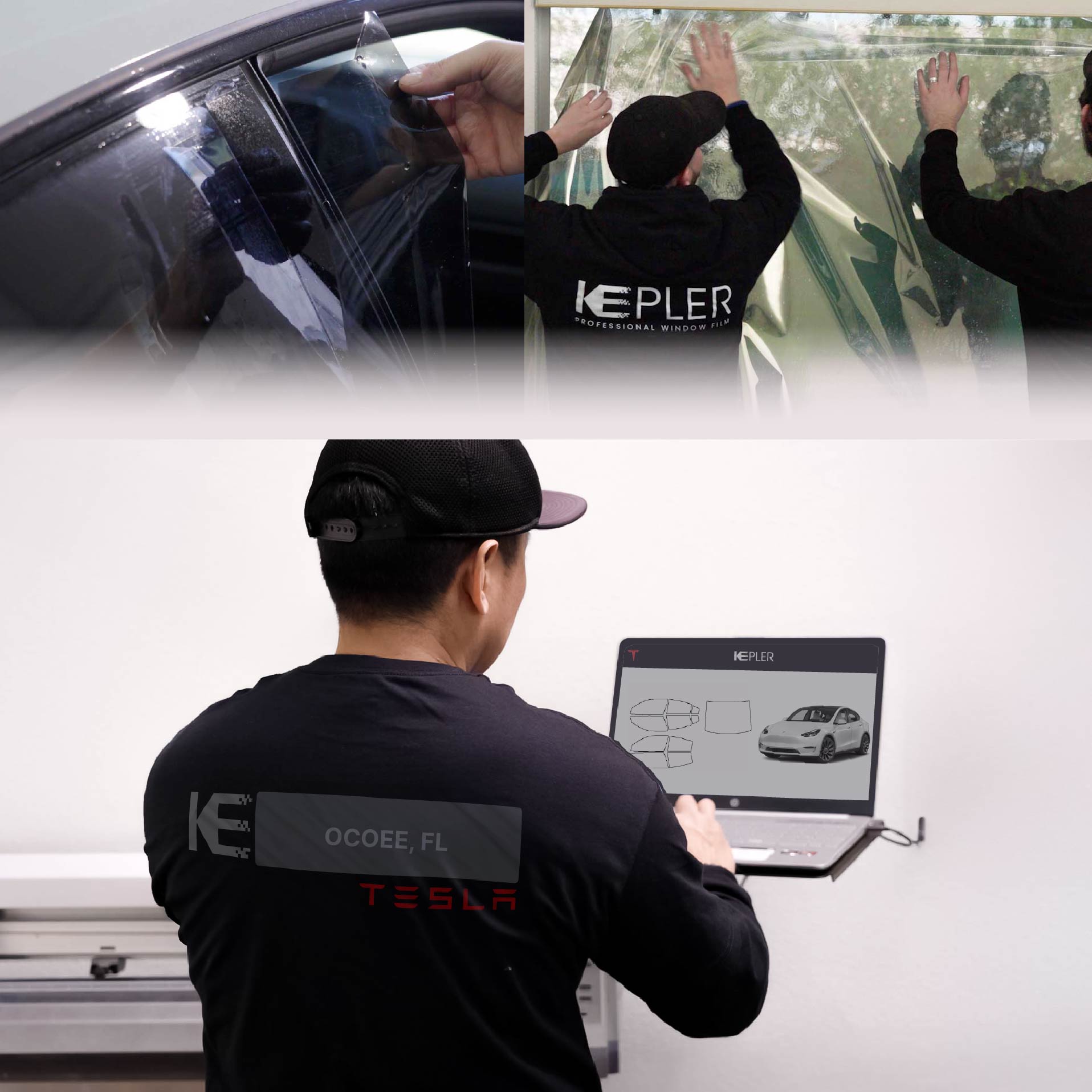 Expert Technician Fitting Advanced Window Tint to Tesla in Ocoee