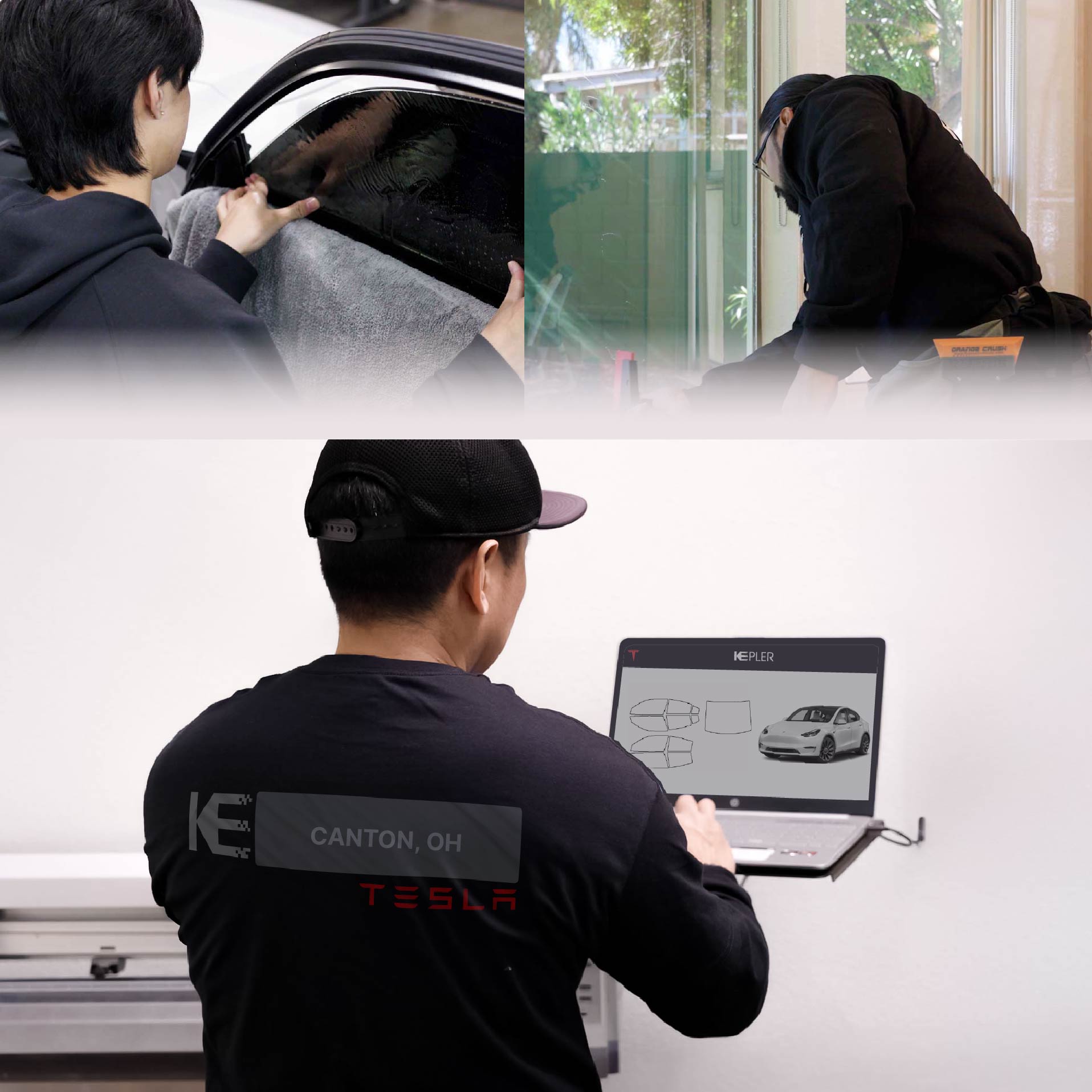 Expert Technician Applying Advanced Window Tint to Tesla in Canton