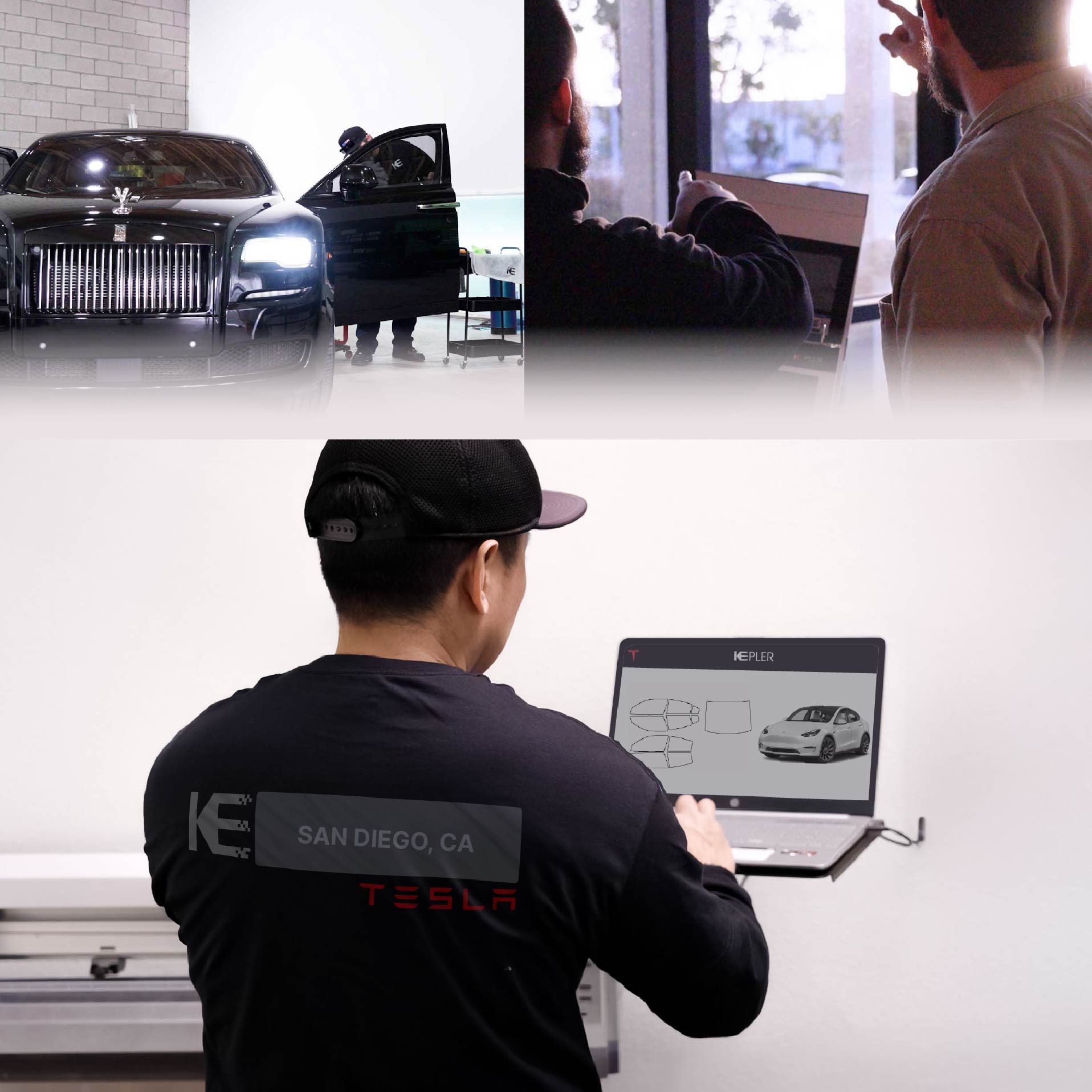 Kepler Technician Applying Ceramic Window Tint to Tesla in San Diego