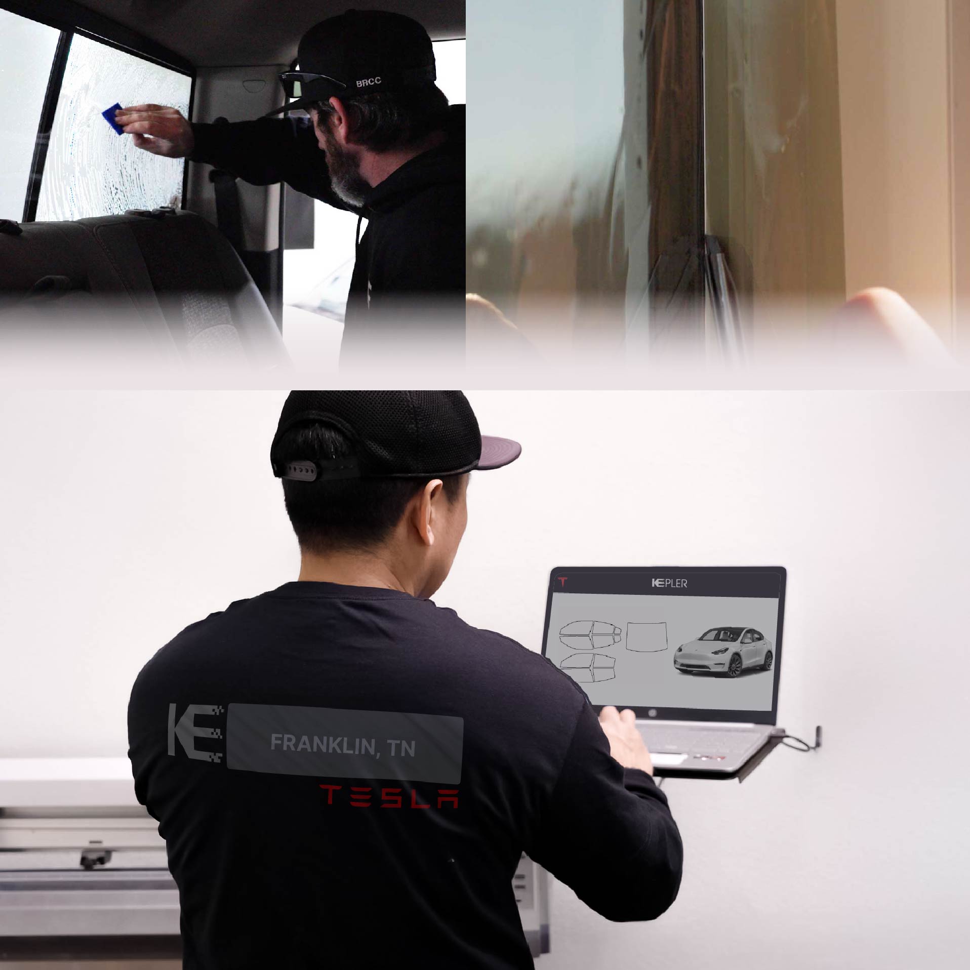 Expert Technician Applying Advanced Window Tint to Tesla in Franklin