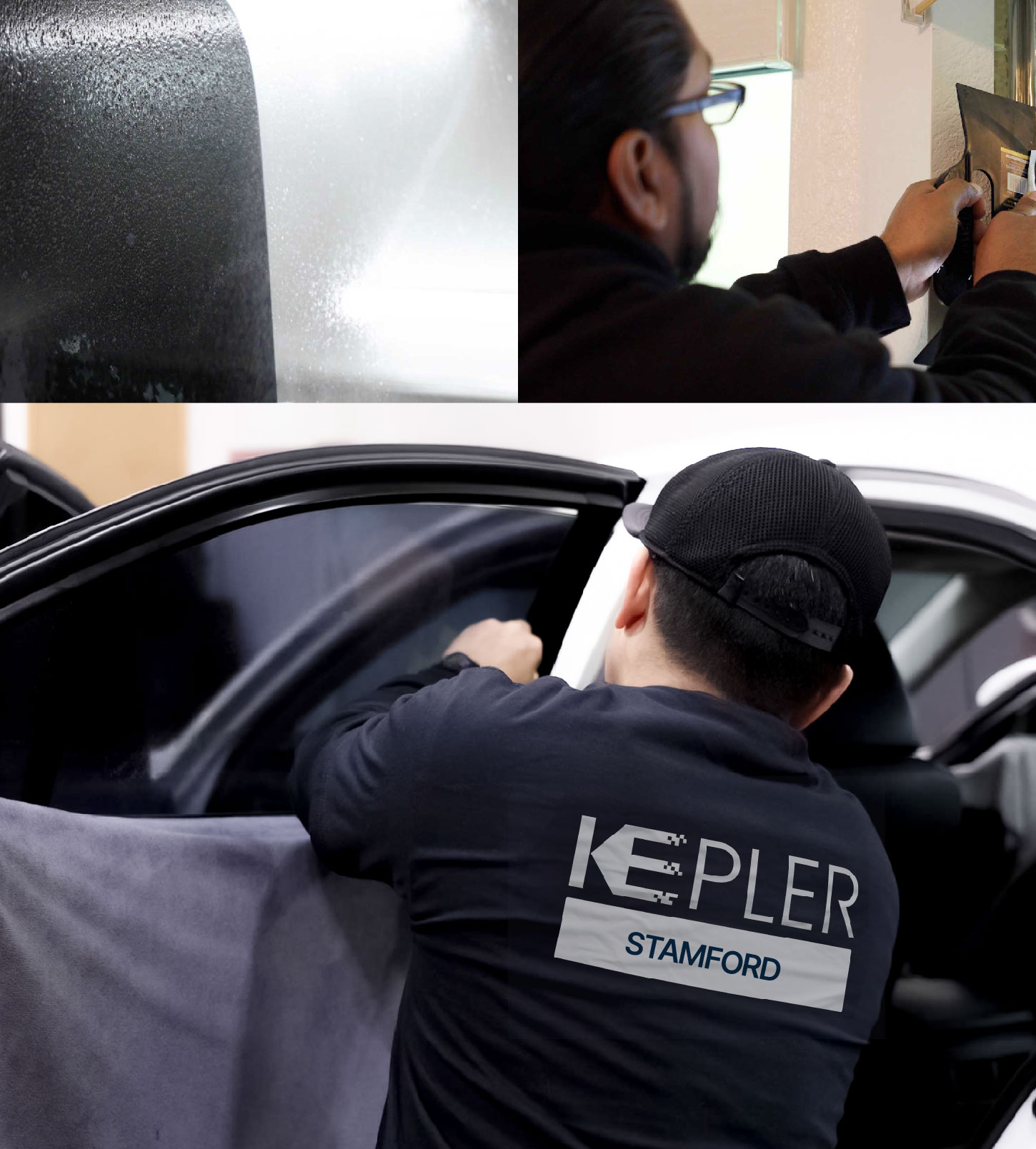 Automotive Window Tinting Expert Applying Film in Stamford, Connecticut
