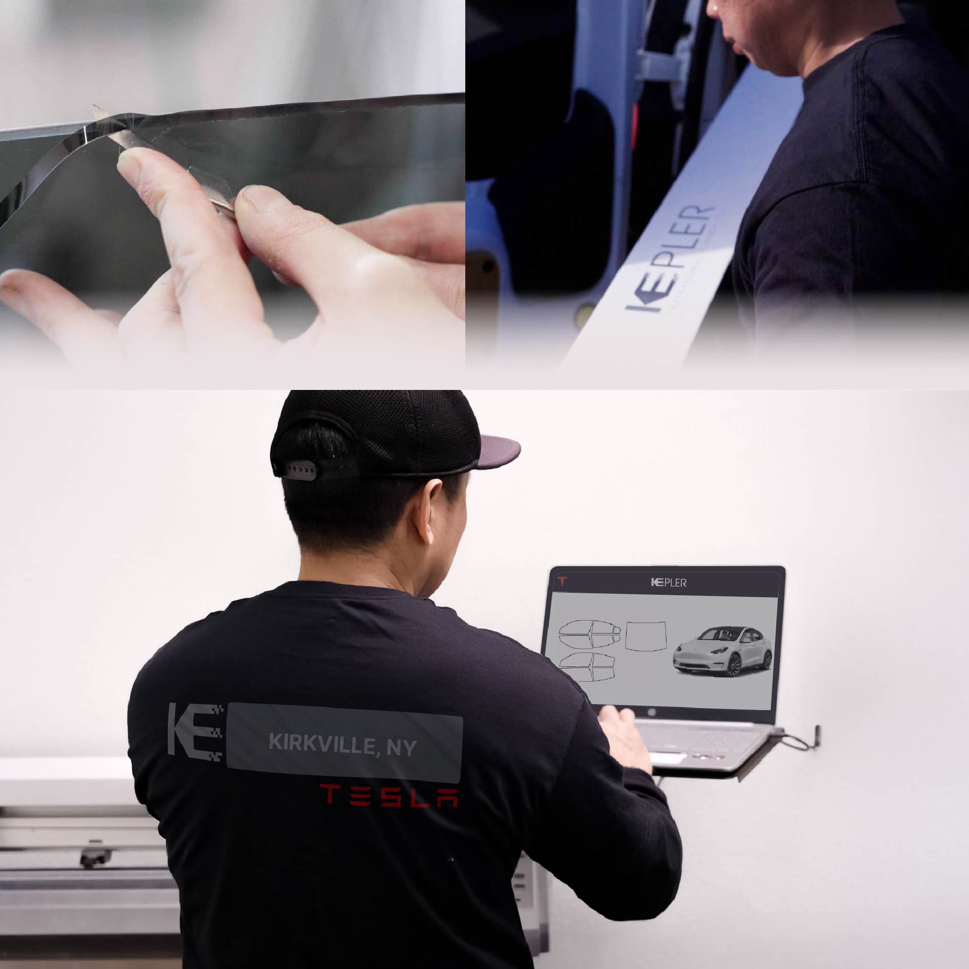 Kepler Technician Installing Advanced Window Tint to Tesla in Kirkville