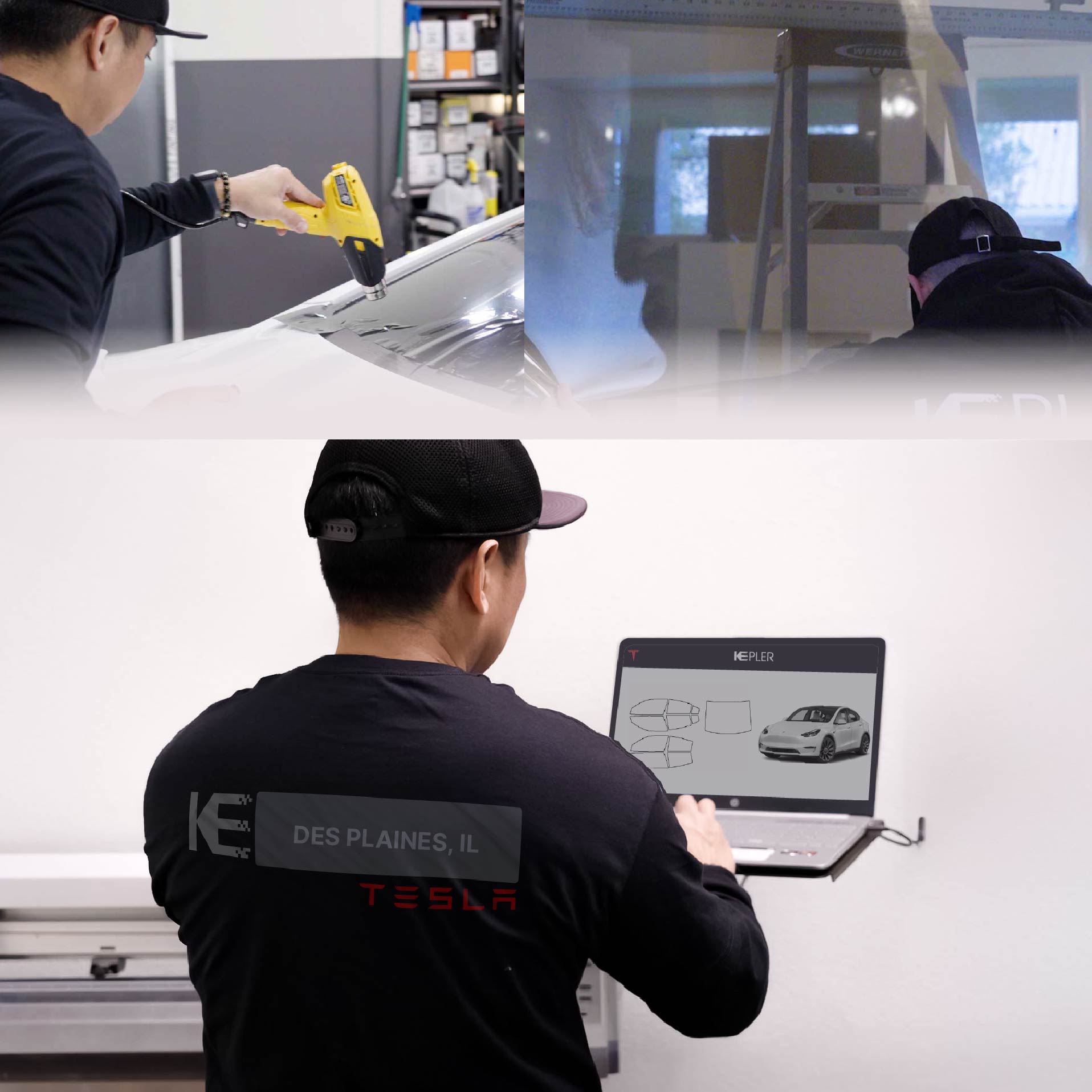 Expert Technician Applying Ceramic Window Tint to Tesla in Des Plaines
