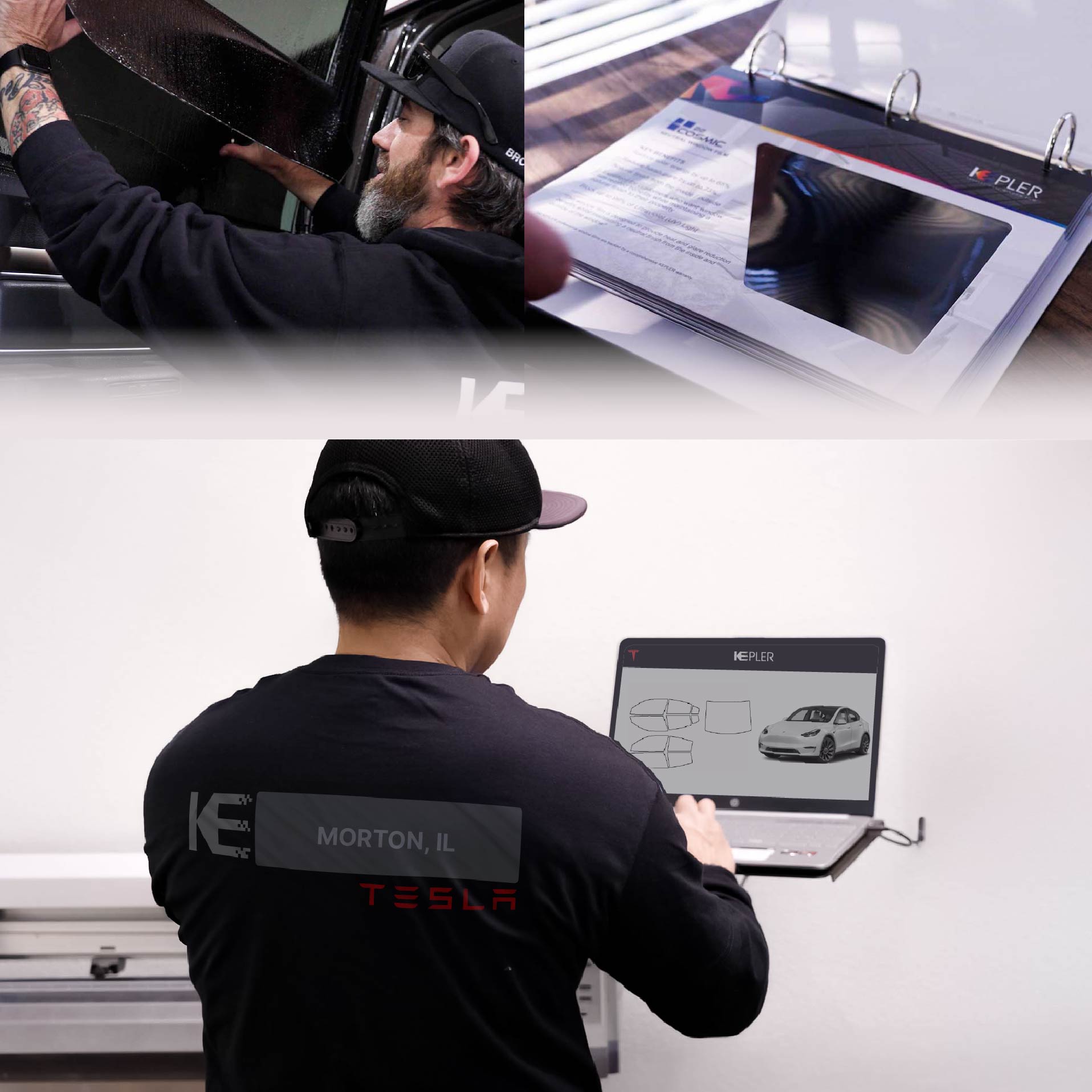 Kepler Technician Applying High-tech Window Tint to Tesla in Morton