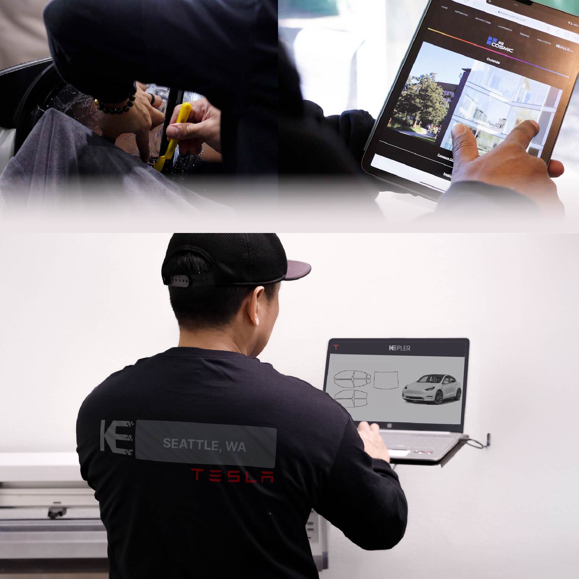Expert Technician Fitting Advanced Window Tint to Tesla in Seattle