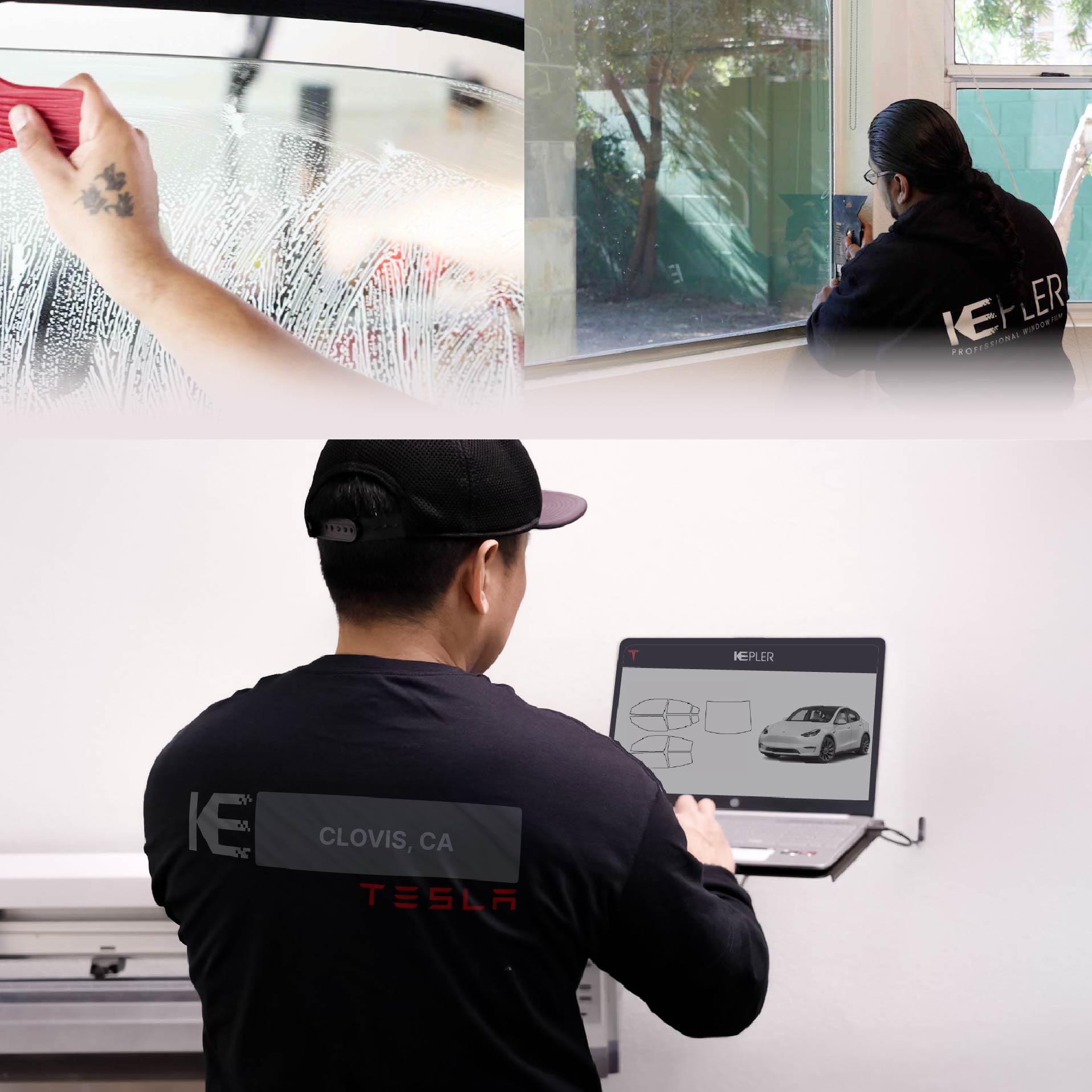 Expert Technician Fitting Advanced Window Tint to Tesla in Clovis