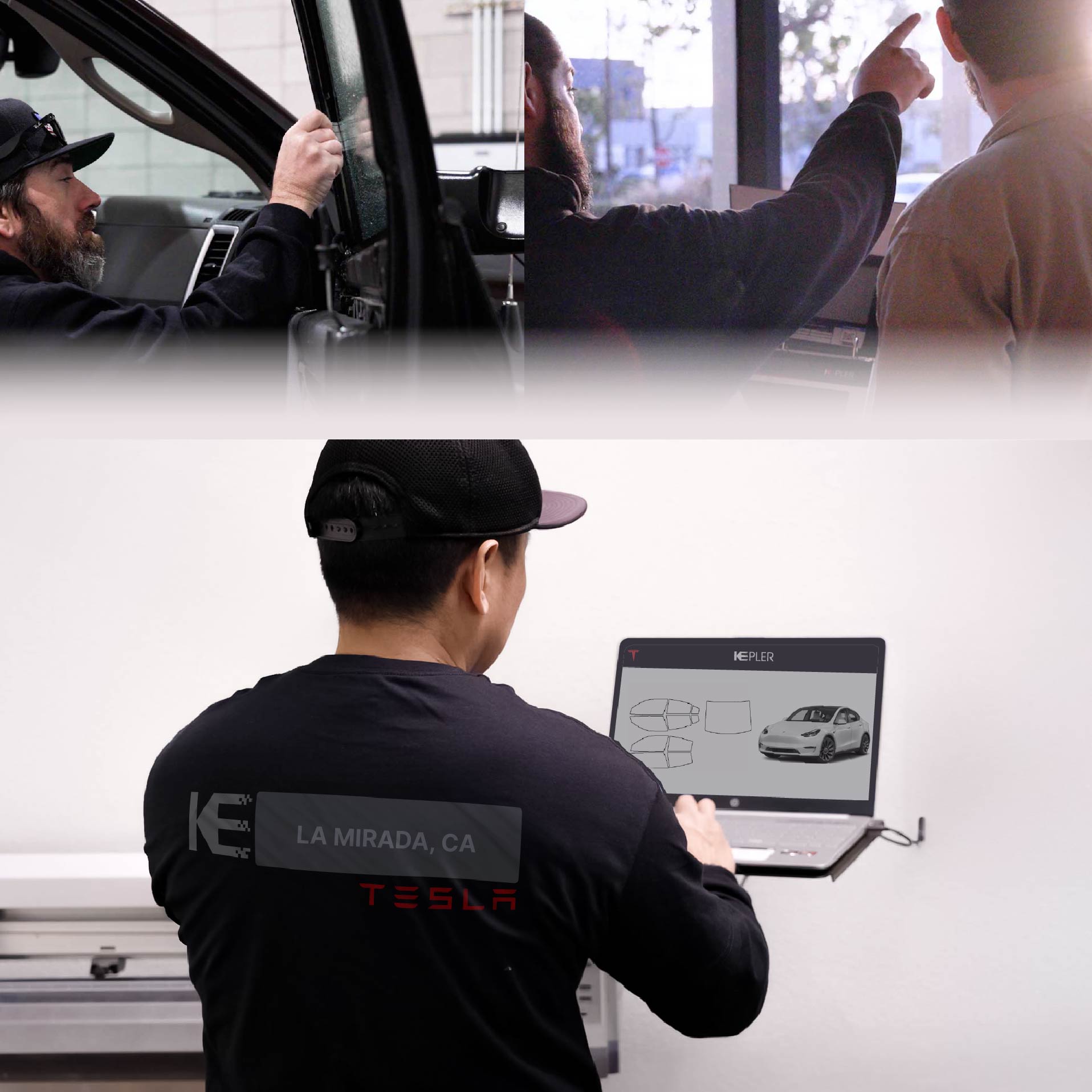 Expert Technician Fitting High-tech Window Tint to Tesla in La Mirada