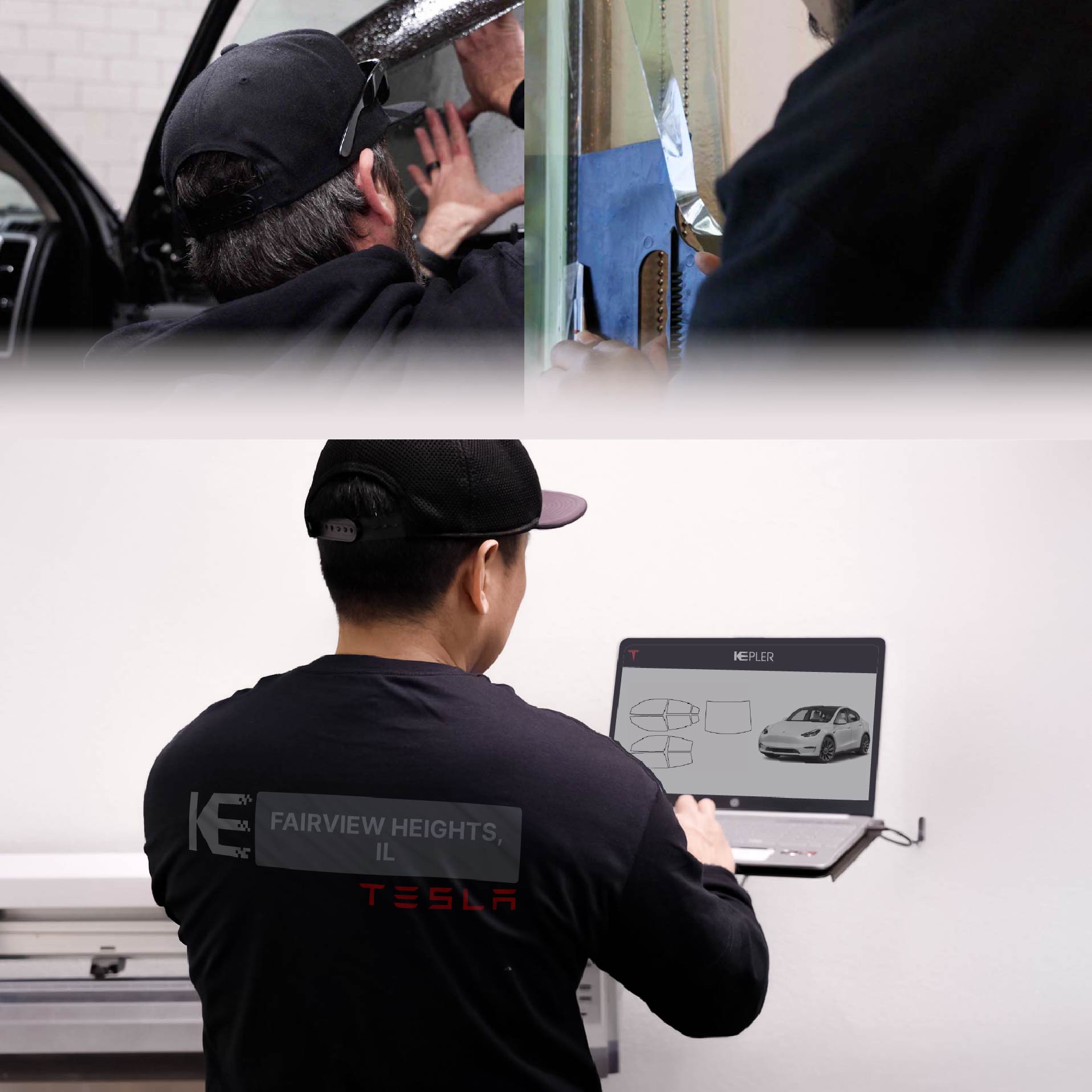 Kepler Technician Applying Advanced Window Tint to Tesla in Fairview Heights