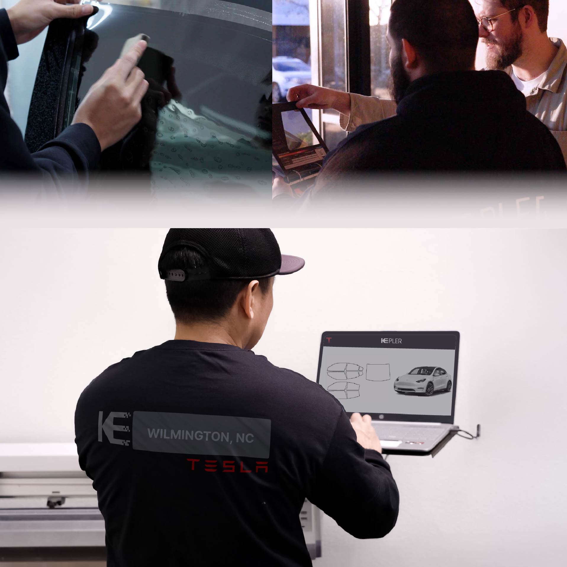 Expert Technician Applying Ceramic Window Tint to Tesla in Wilmington