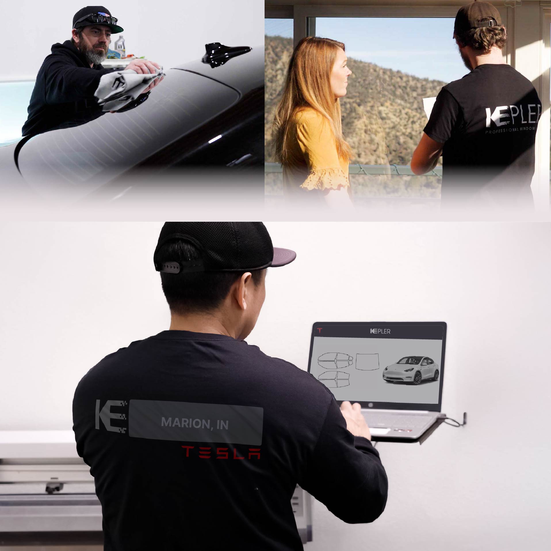 Expert Technician Installing High-tech Window Tint to Tesla in Marion