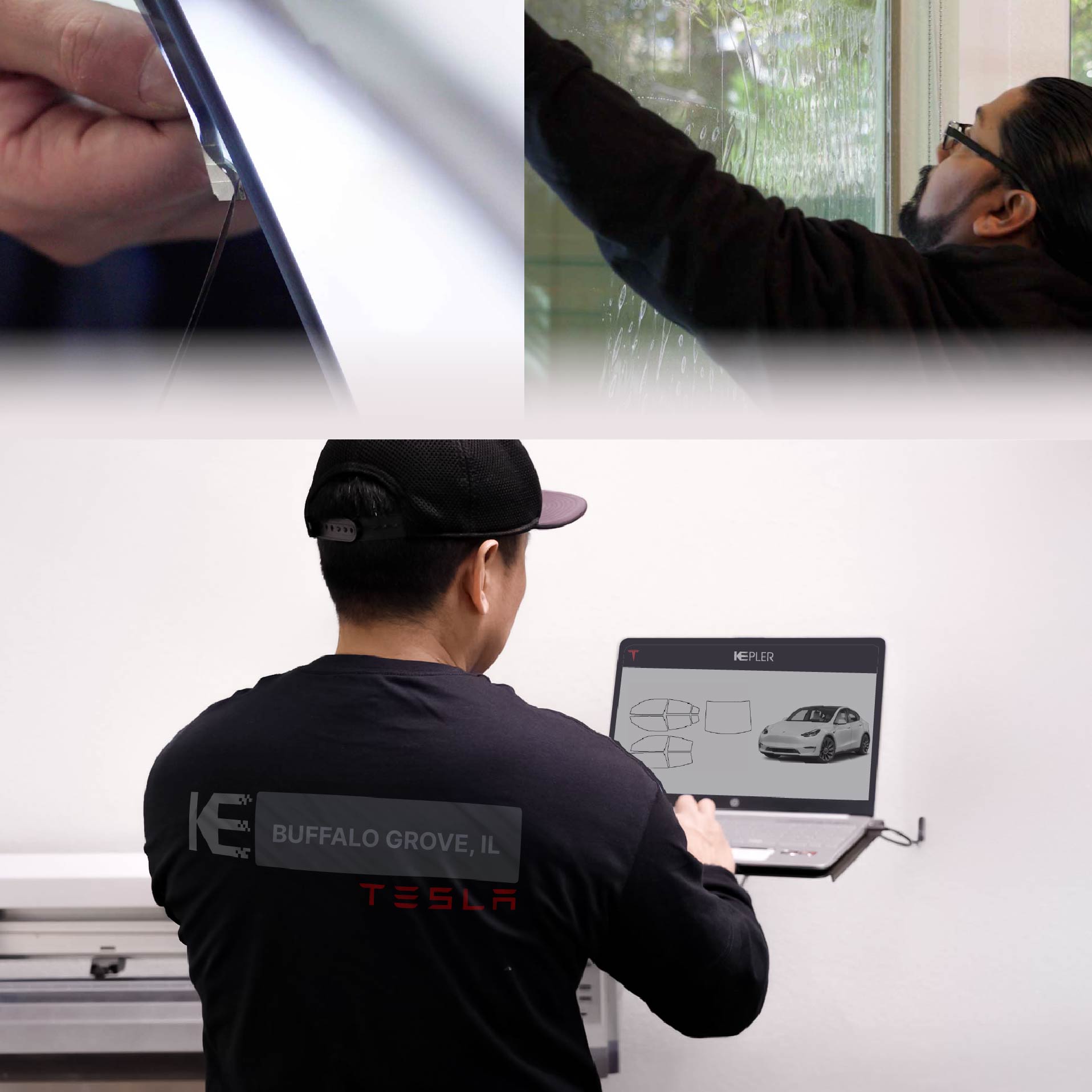 Expert Technician Installing Advanced Window Tint to Tesla in Buffalo Grove