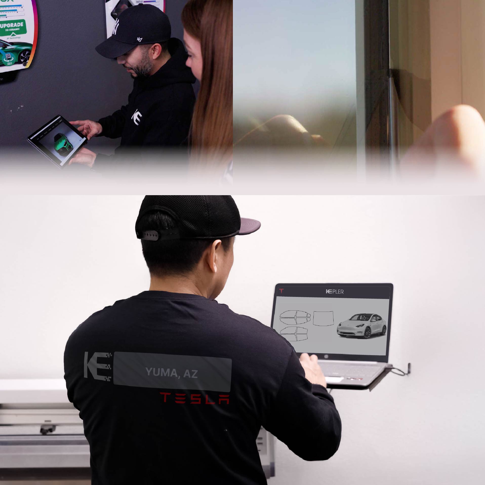 Kepler Technician Installing Ceramic Window Tint to Tesla in Yuma