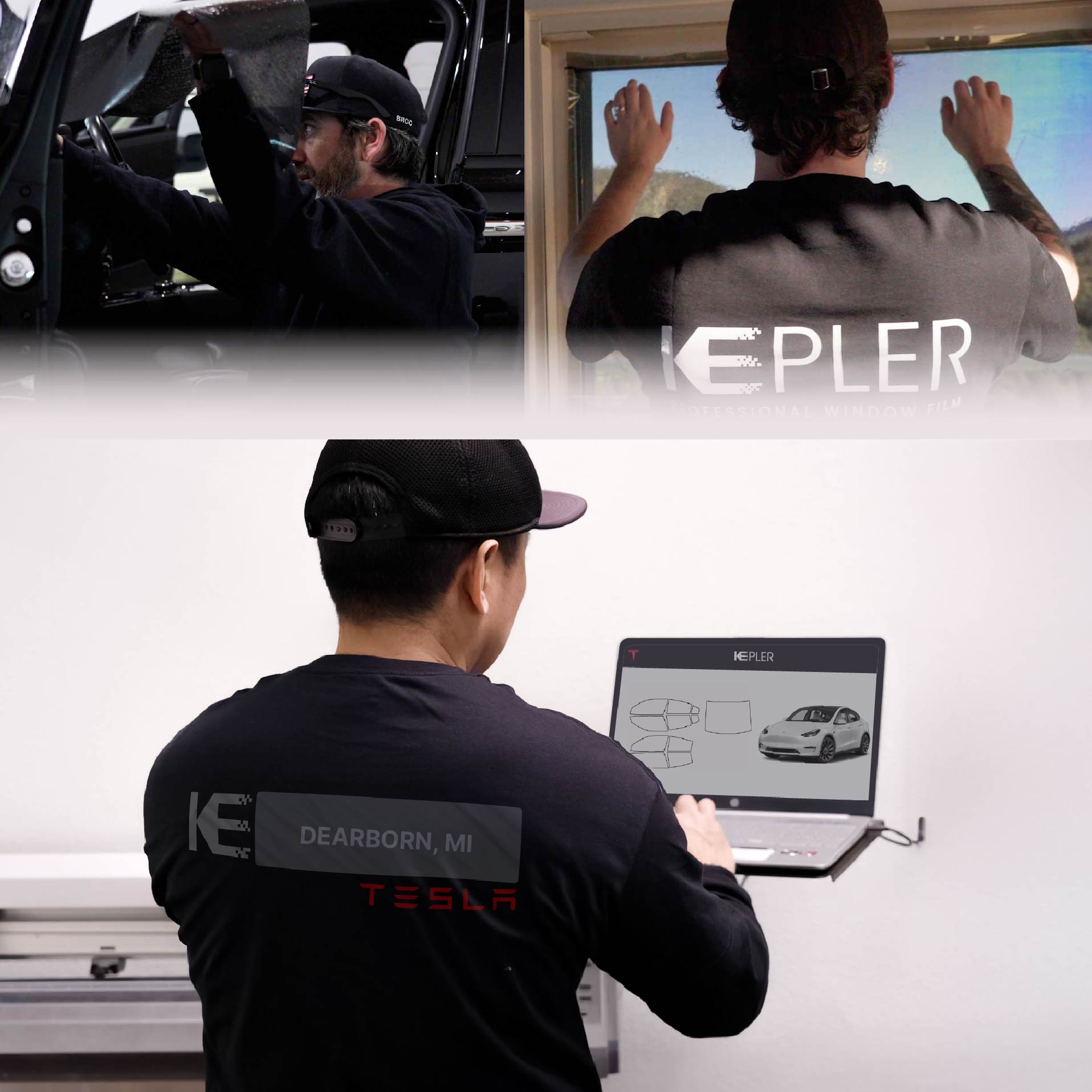 Expert Technician Applying High-tech Window Tint to Tesla in Dearborn