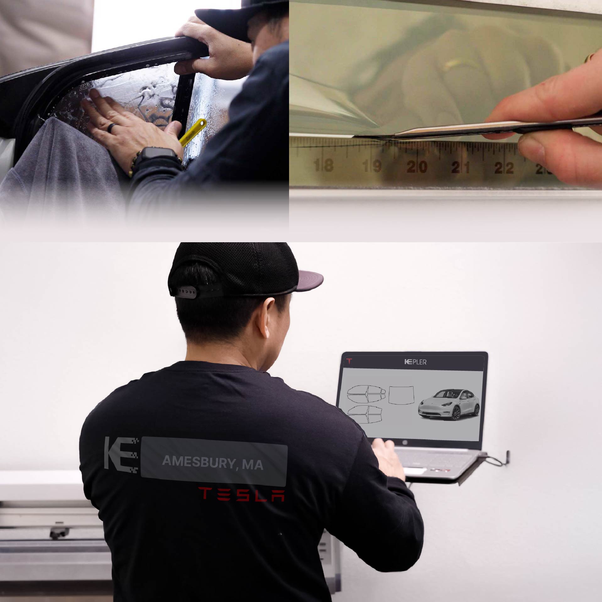 Expert Technician Applying Advanced Window Tint to Tesla in Amesbury