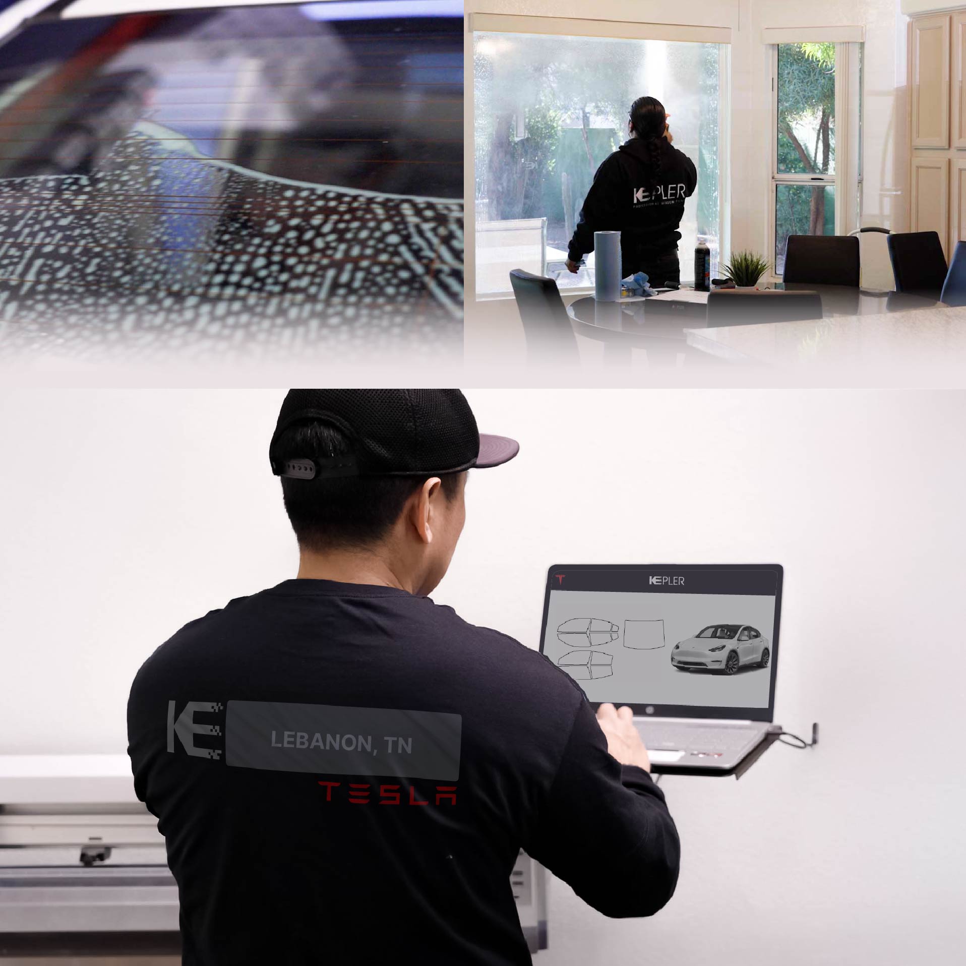Kepler Technician Installing Ceramic Window Tint to Tesla in Lebanon