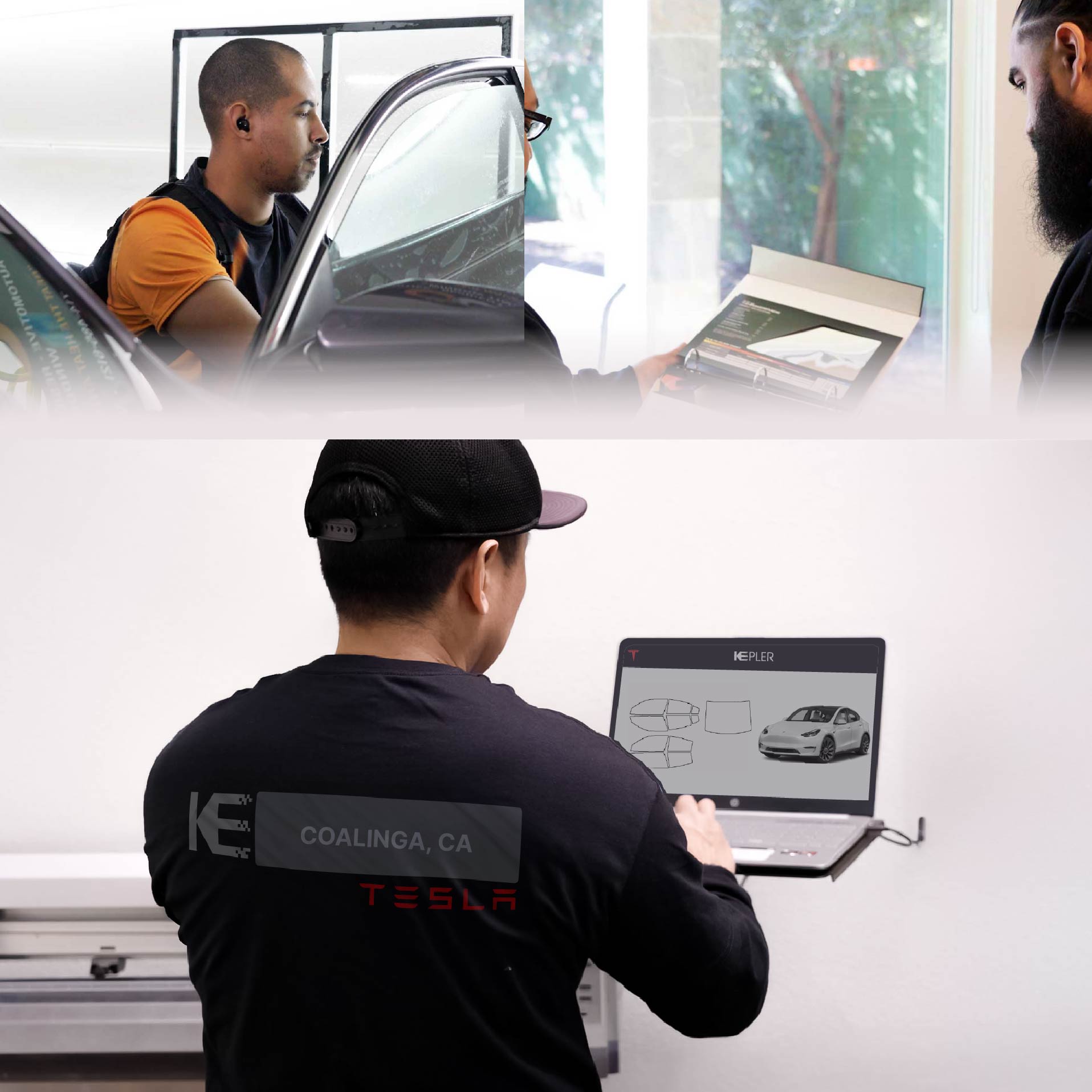 Kepler Technician Fitting Ceramic Window Tint to Tesla in Coalinga