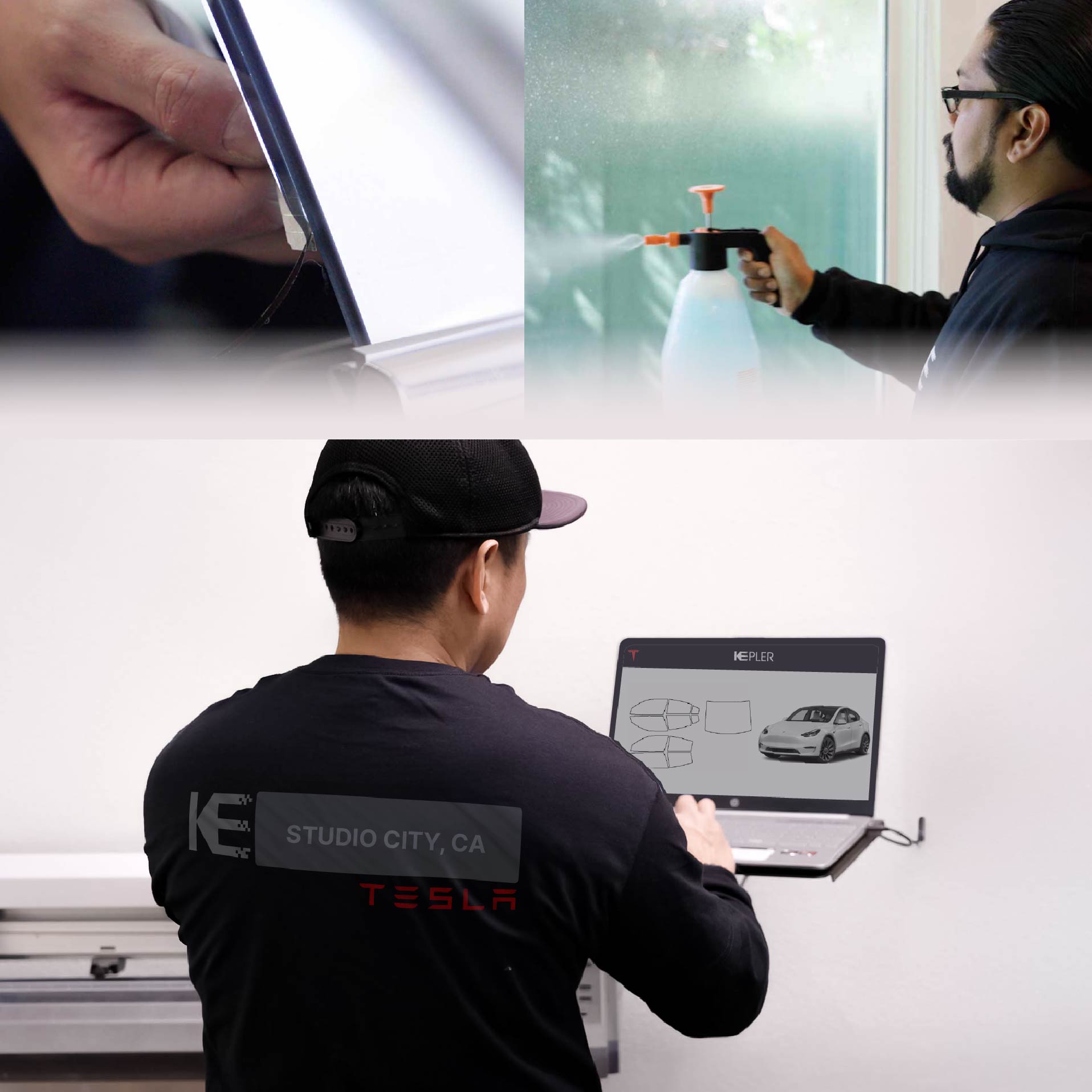 Expert Technician Fitting Advanced Window Tint to Tesla in Studio City