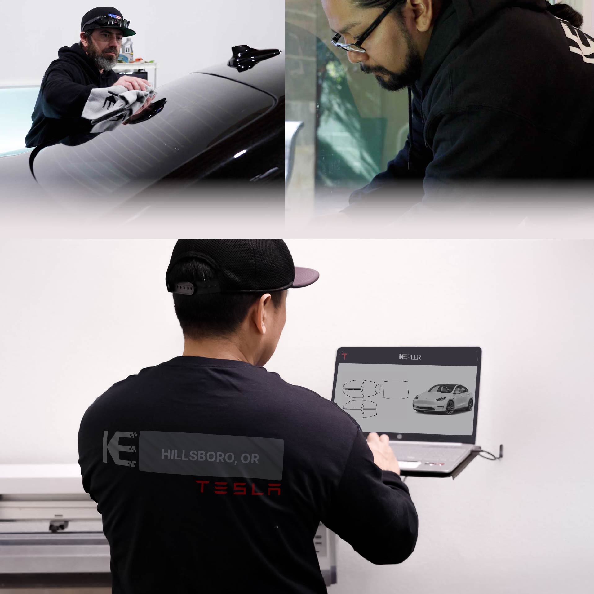 Expert Technician Installing Advanced Window Tint to Tesla in Hillsboro