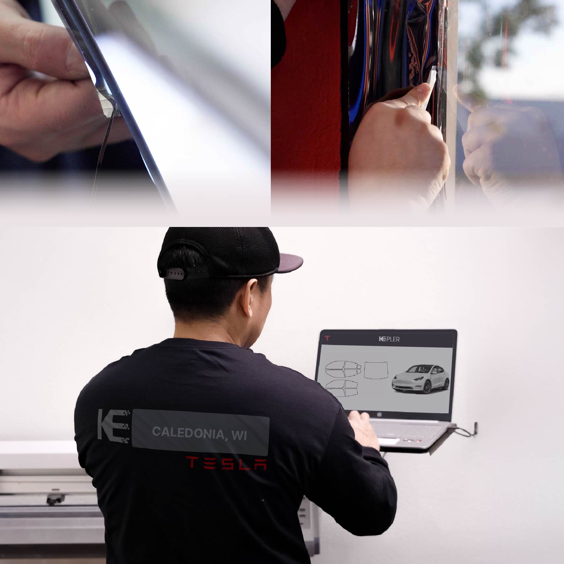 Expert Technician Applying Ceramic Window Tint to Tesla in Caledonia