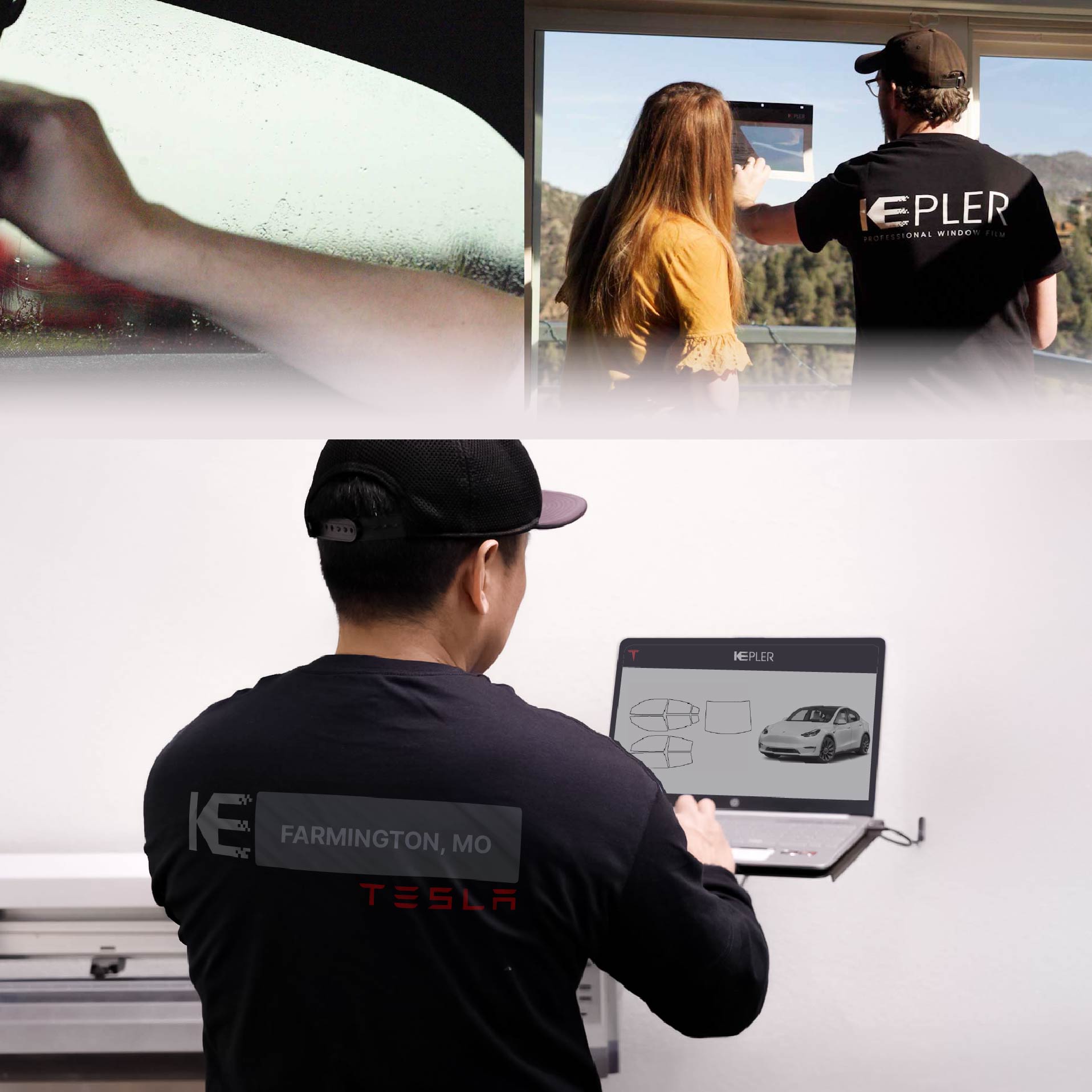 Expert Technician Fitting Ceramic Window Tint to Tesla in Farmington