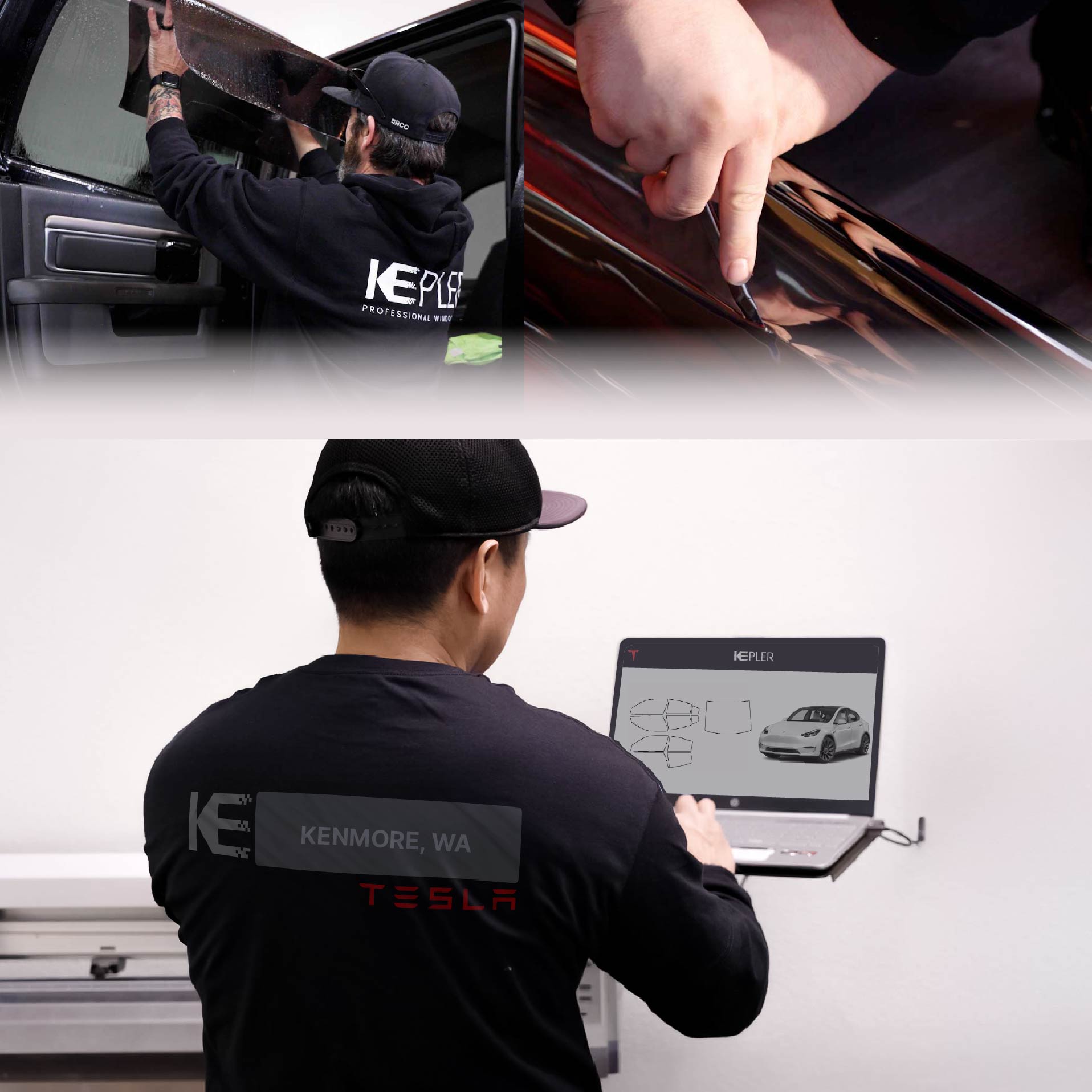 Expert Technician Applying Ceramic Window Tint to Tesla in Kenmore