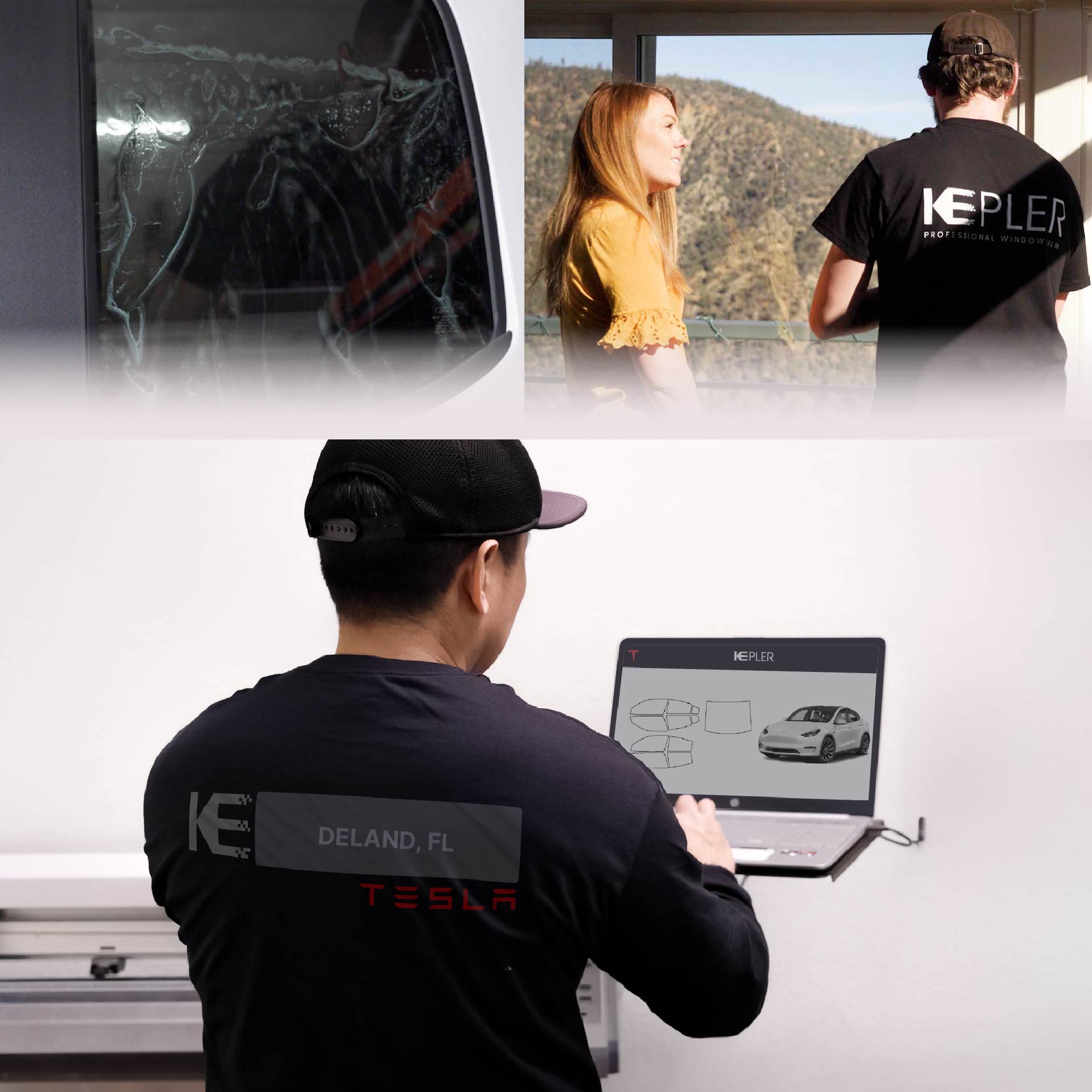 Expert Technician Fitting High-tech Window Tint to Tesla in DeLand