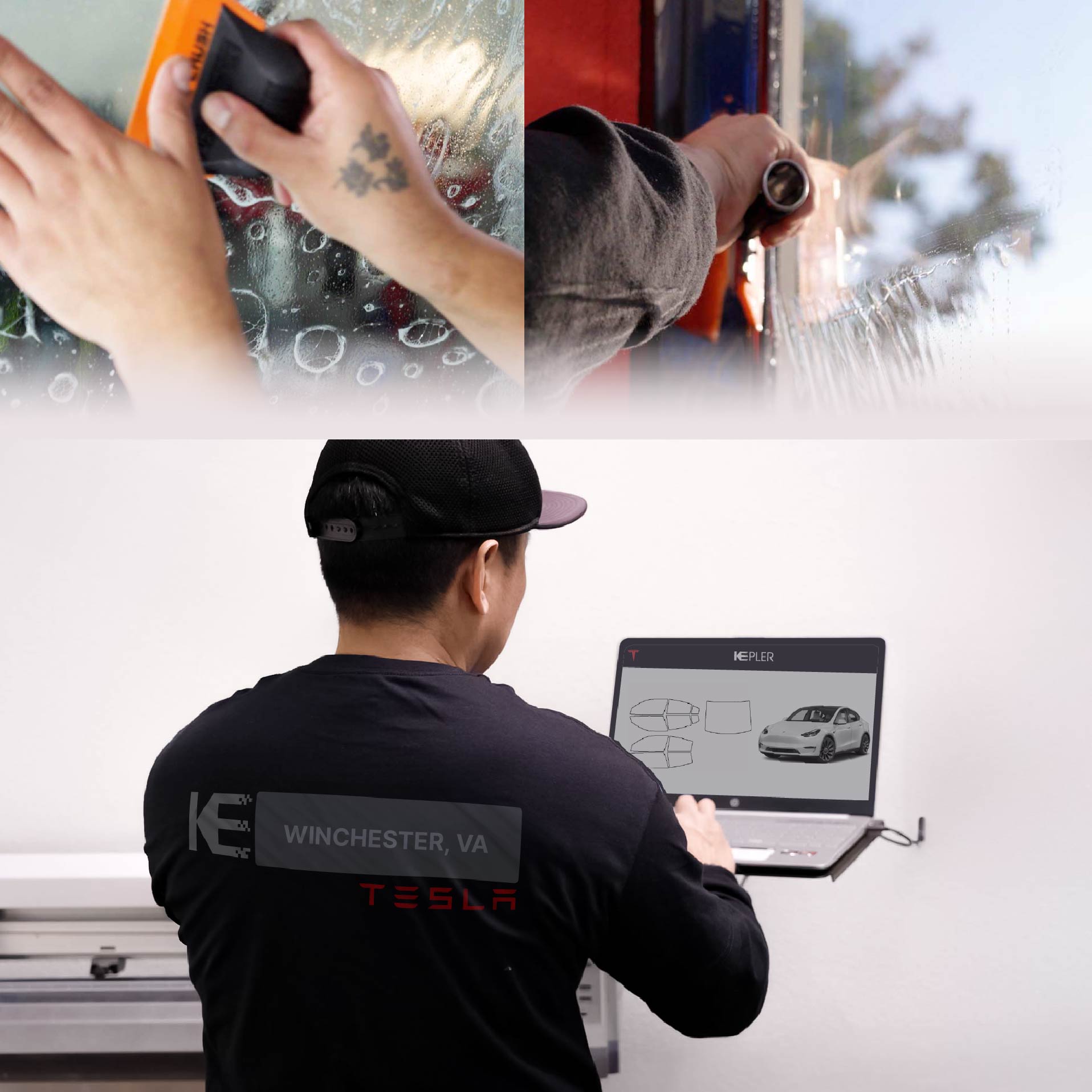 Kepler Technician Installing High-tech Window Tint to Tesla in Winchester