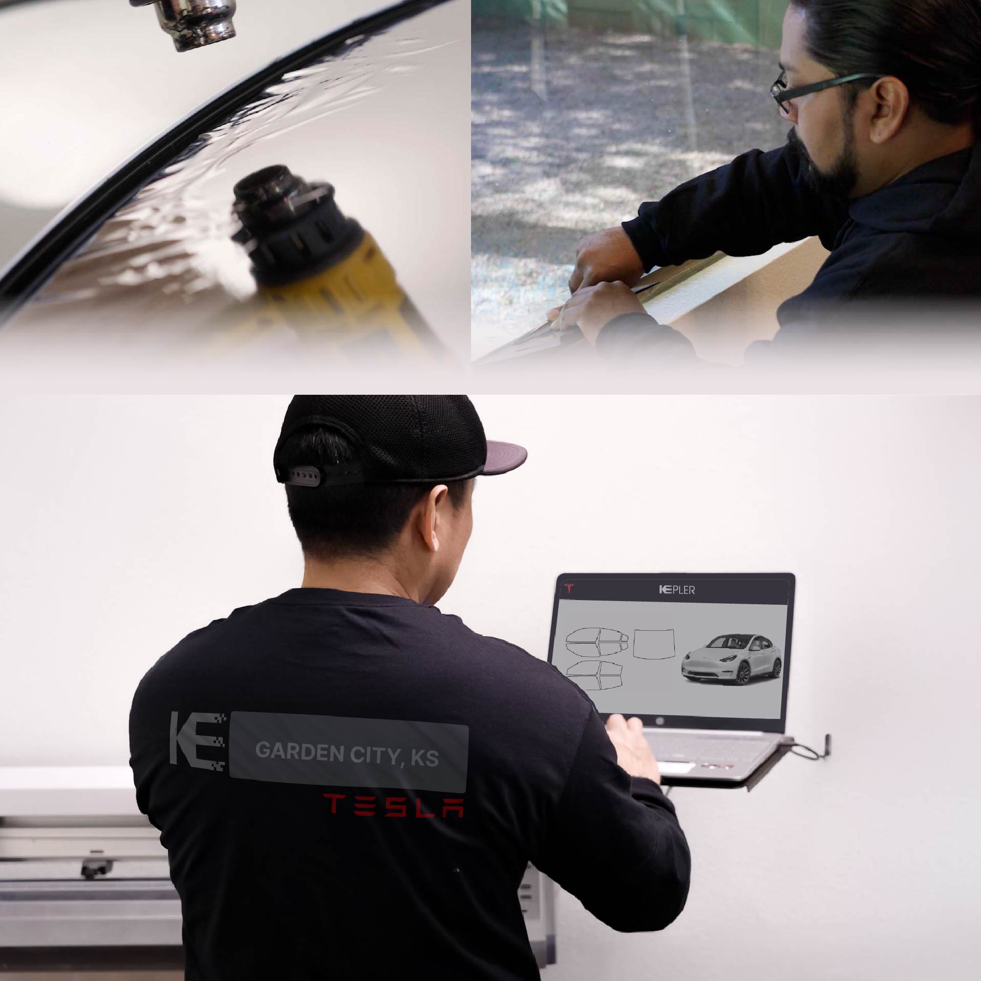 Kepler Technician Installing High-tech Window Tint to Tesla in Garden City