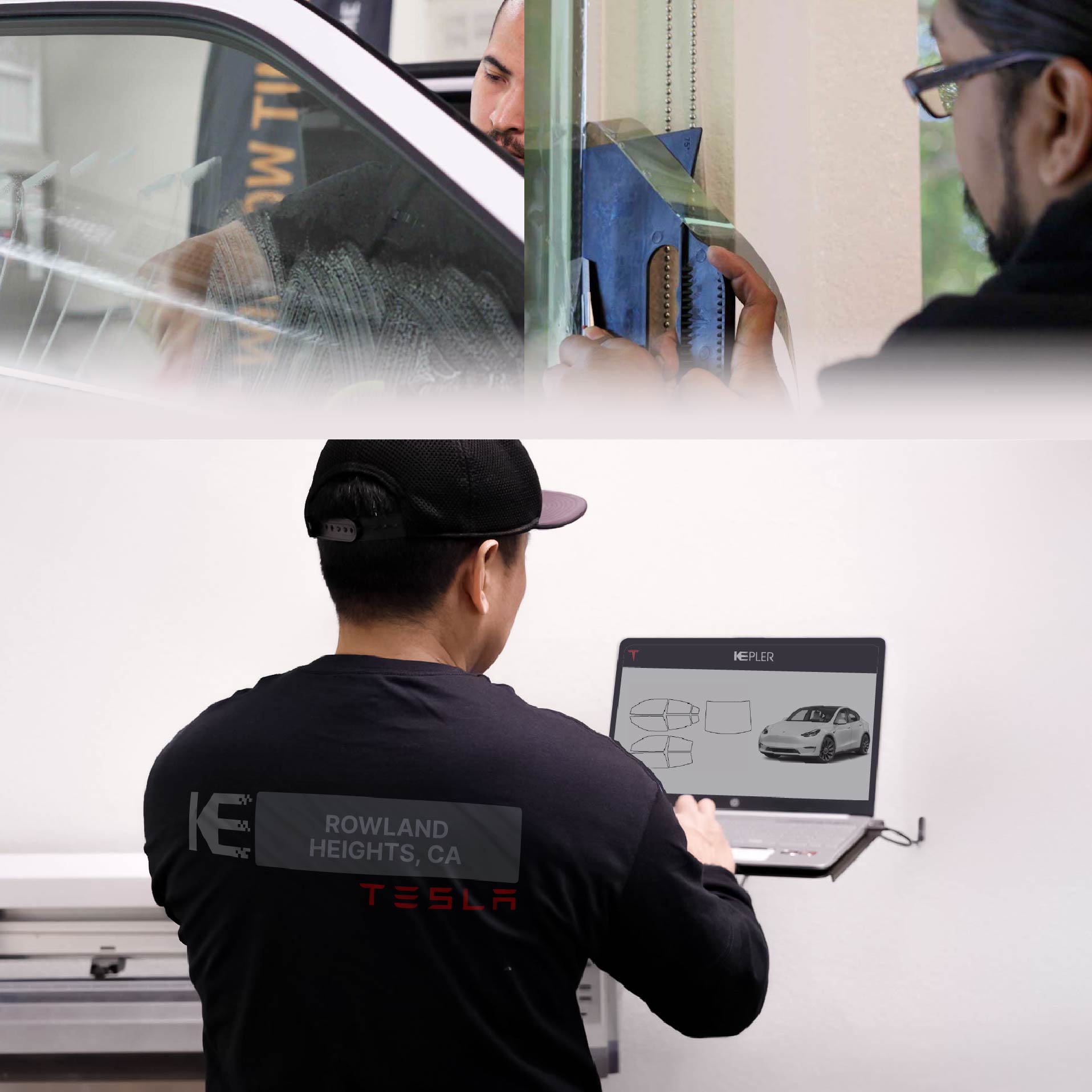 Kepler Technician Installing Ceramic Window Tint to Tesla in Rowland Heights