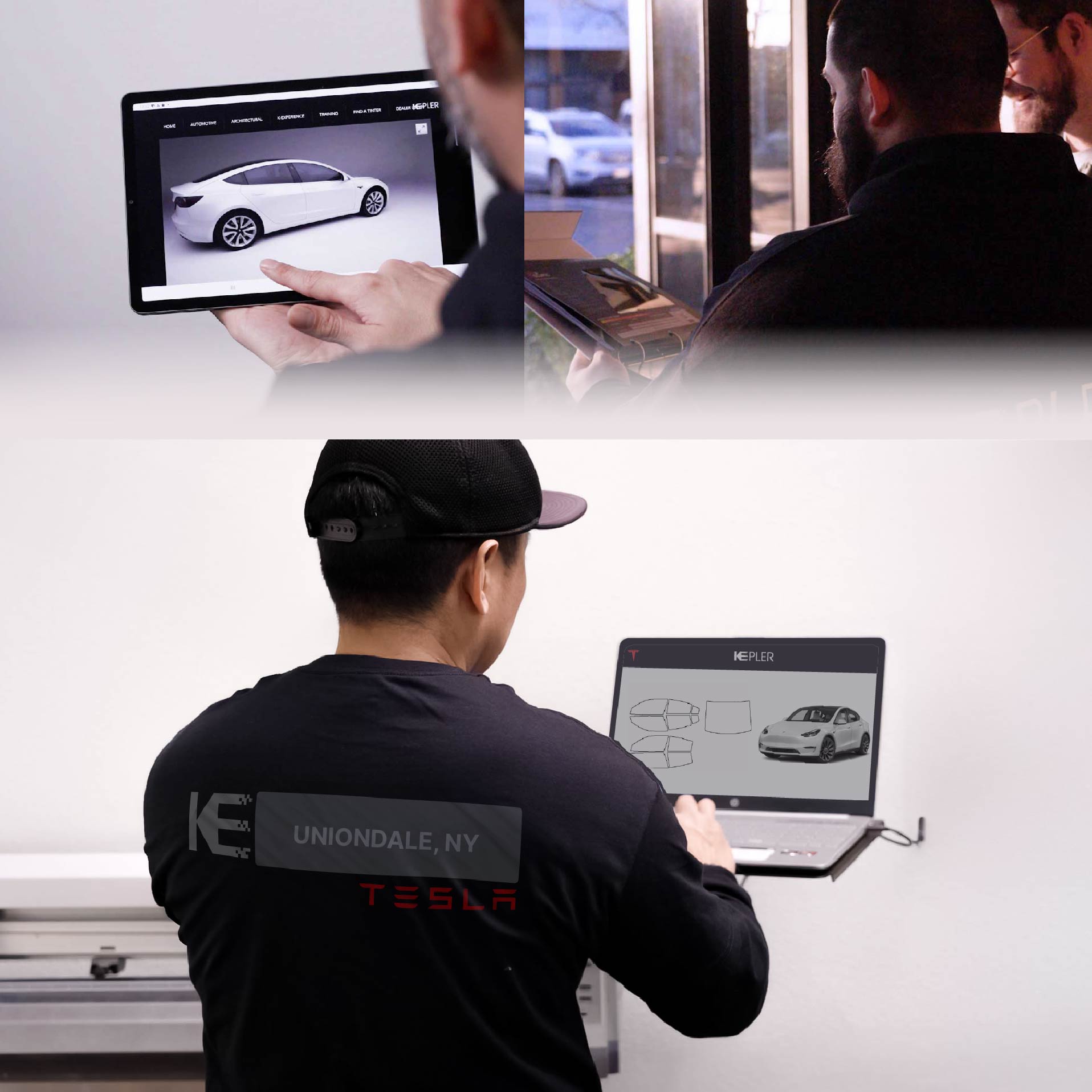Expert Technician Applying Advanced Window Tint to Tesla in Uniondale