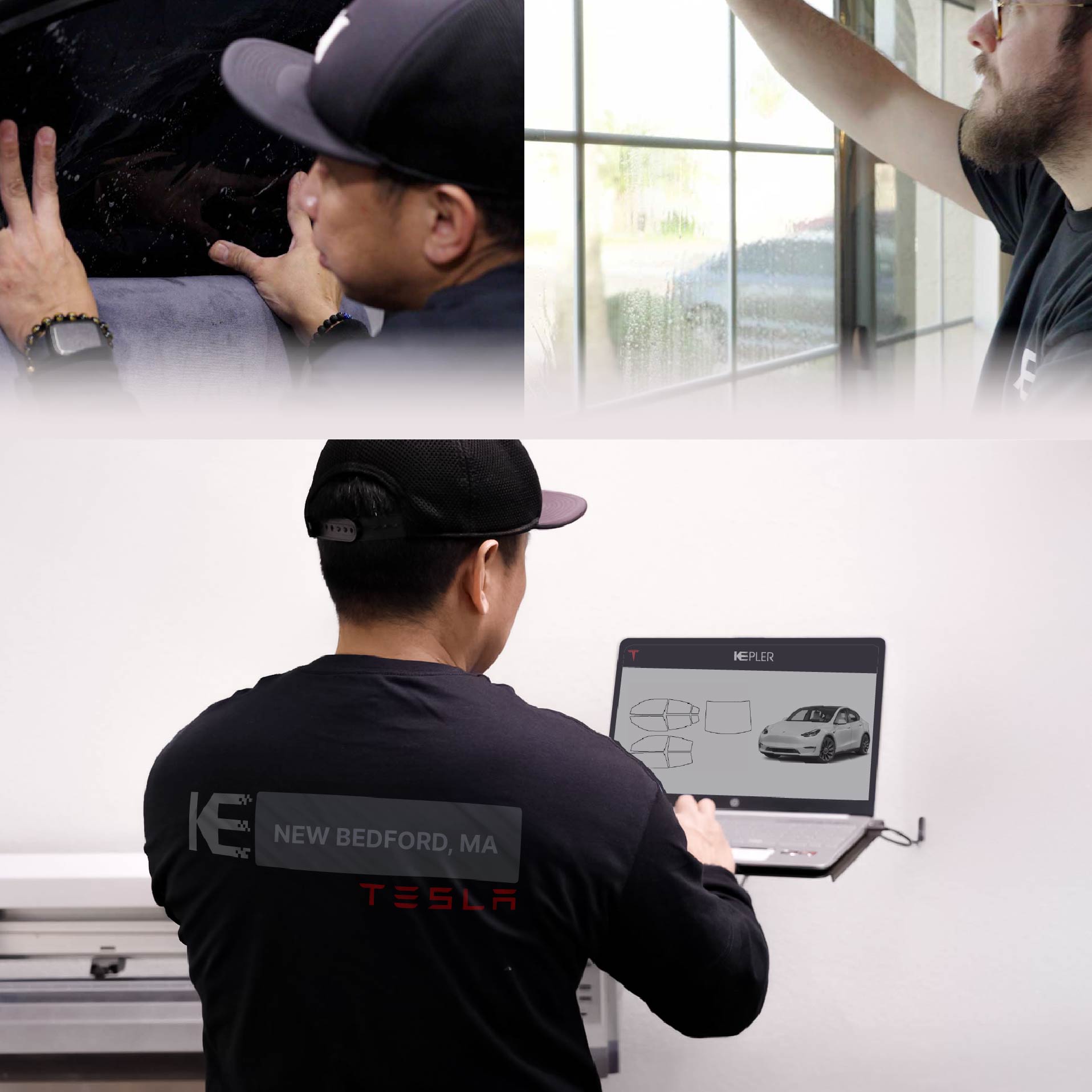 Kepler Technician Fitting Ceramic Window Tint to Tesla in New Bedford