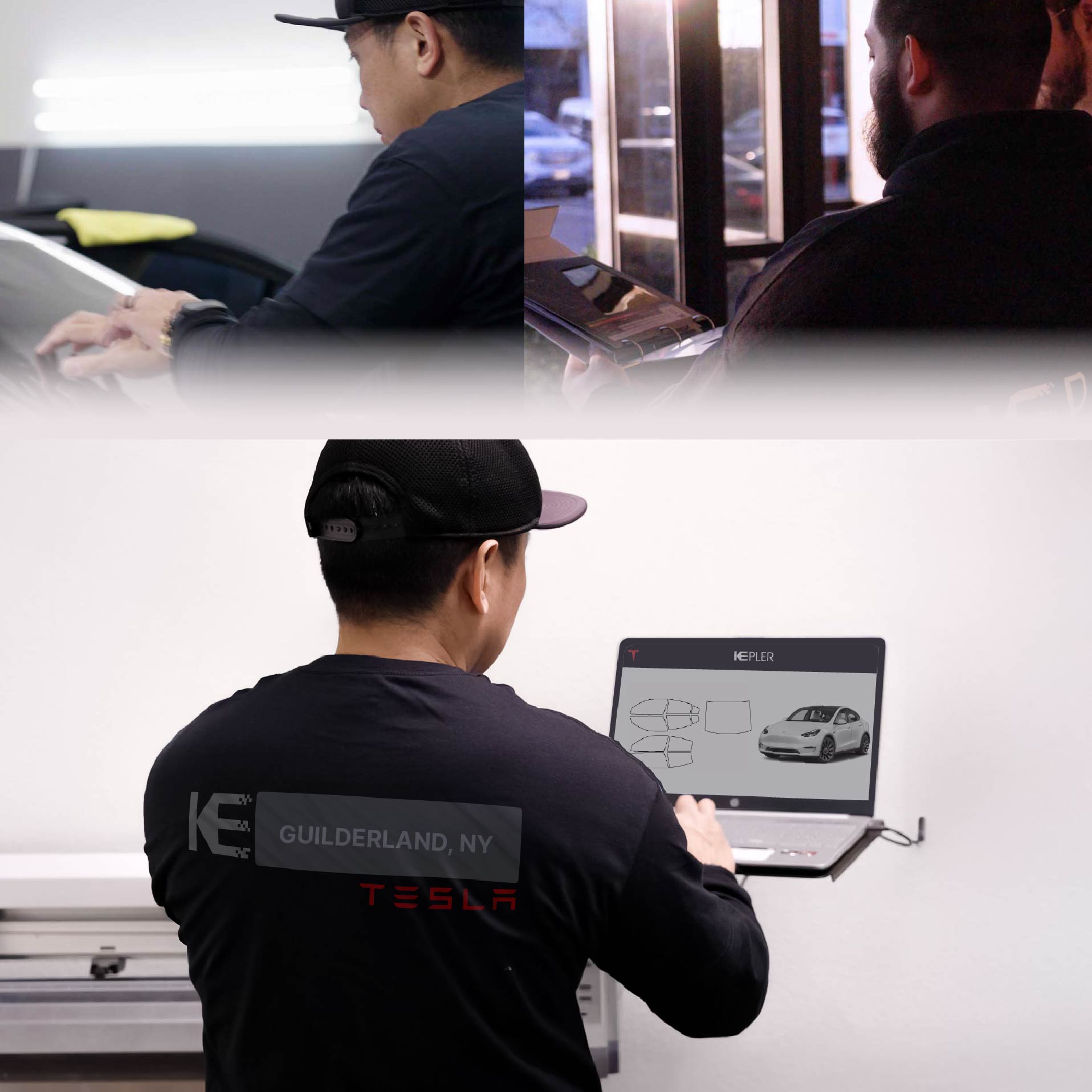 Expert Technician Installing Ceramic Window Tint to Tesla in Guilderland